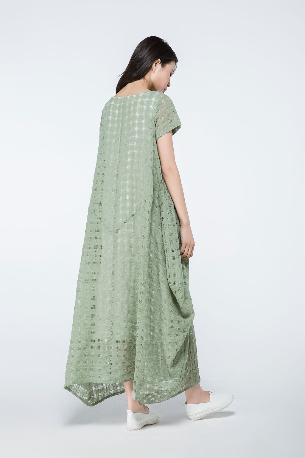 Plus size summer green plaid dress c1070