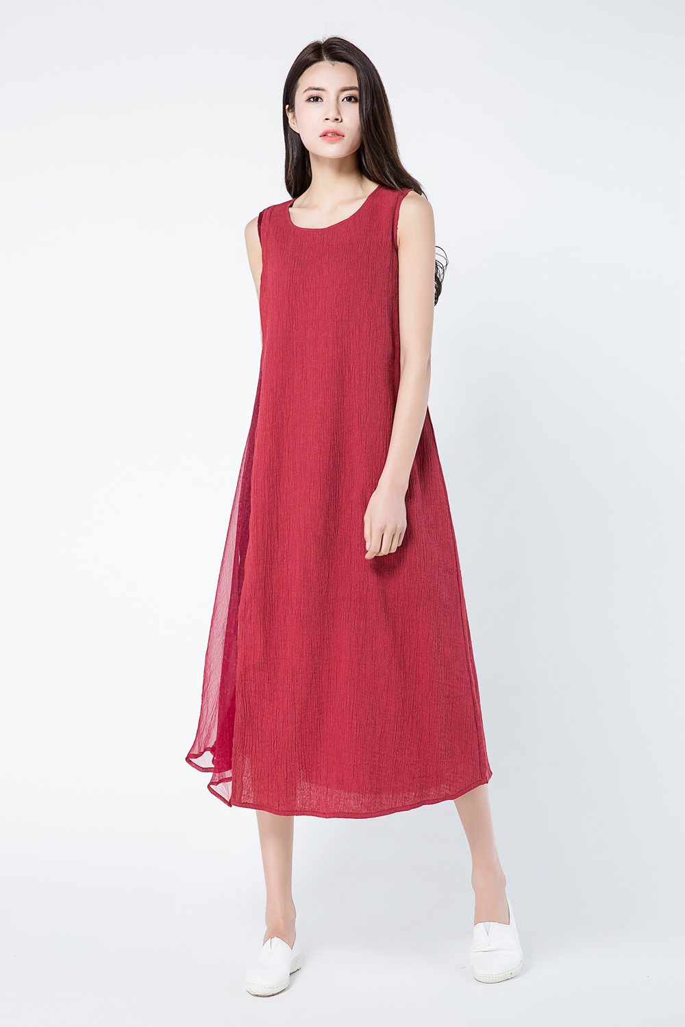 Sleeveless red summer linen dresses c1082