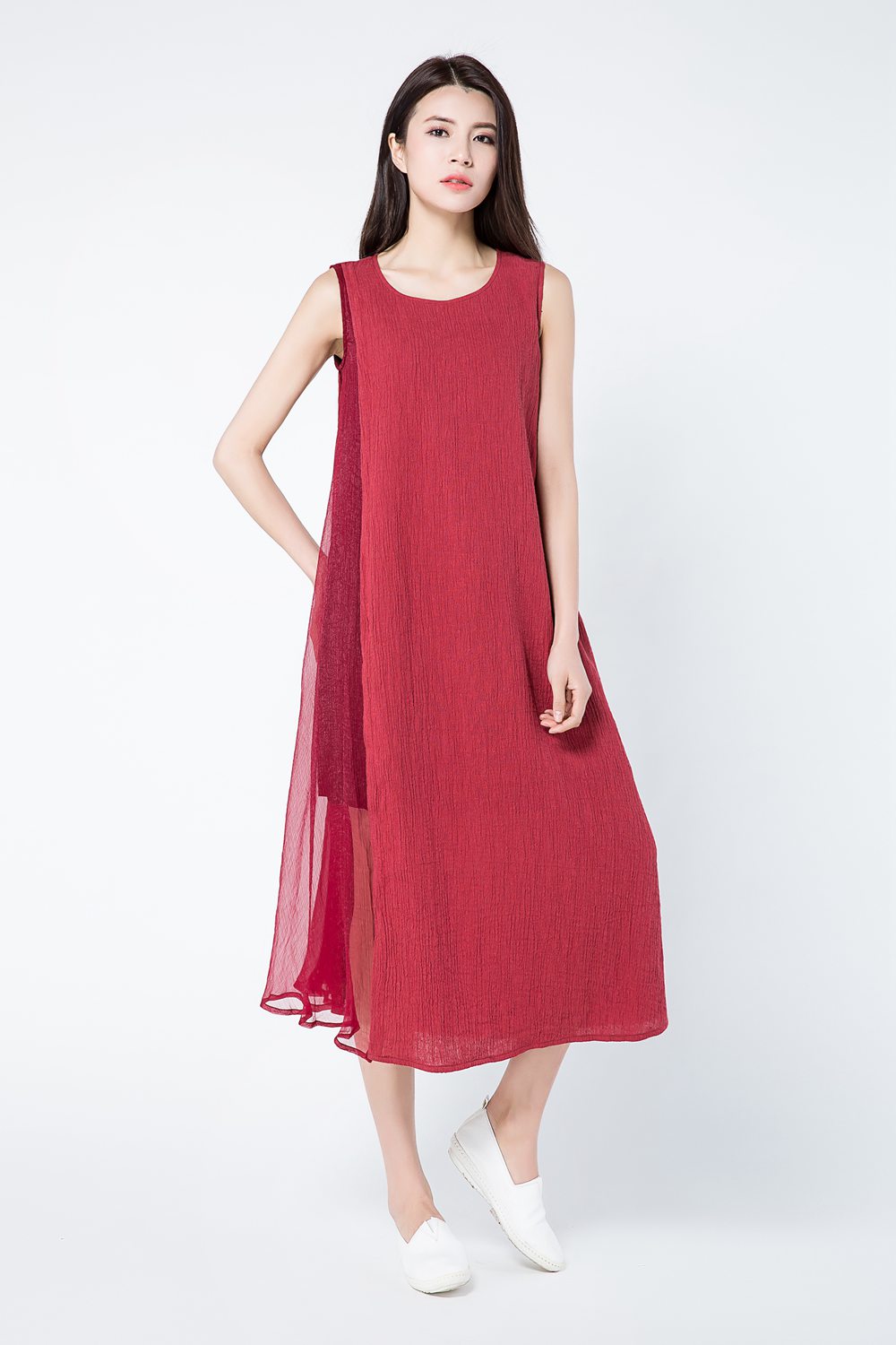 Sleeveless red summer linen dresses c1082