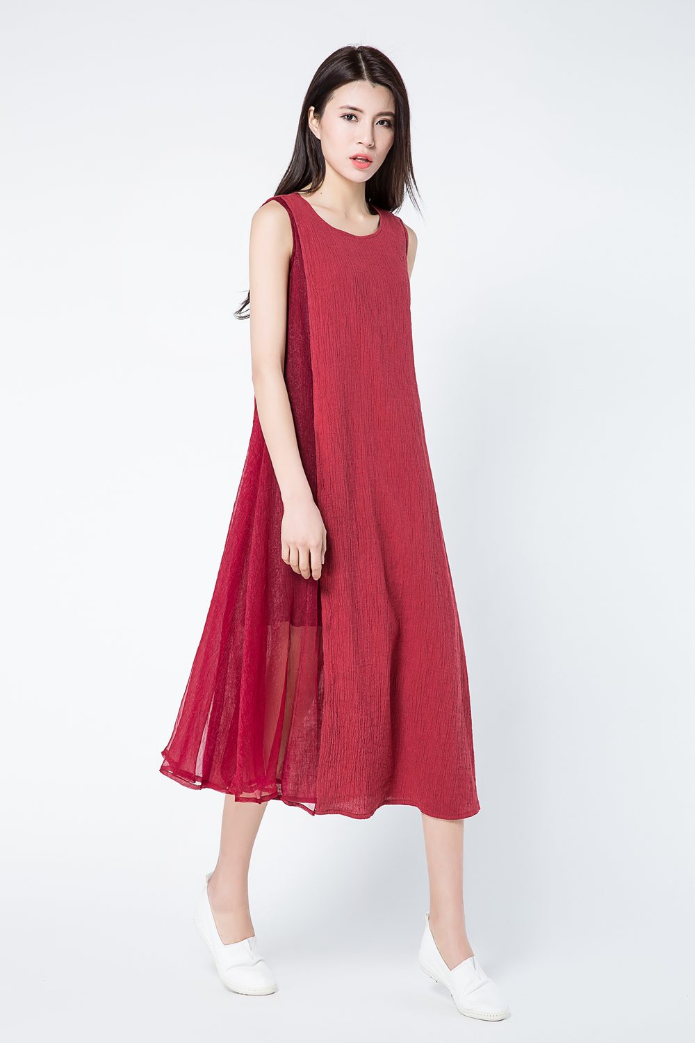 Sleeveless red summer linen dresses c1082