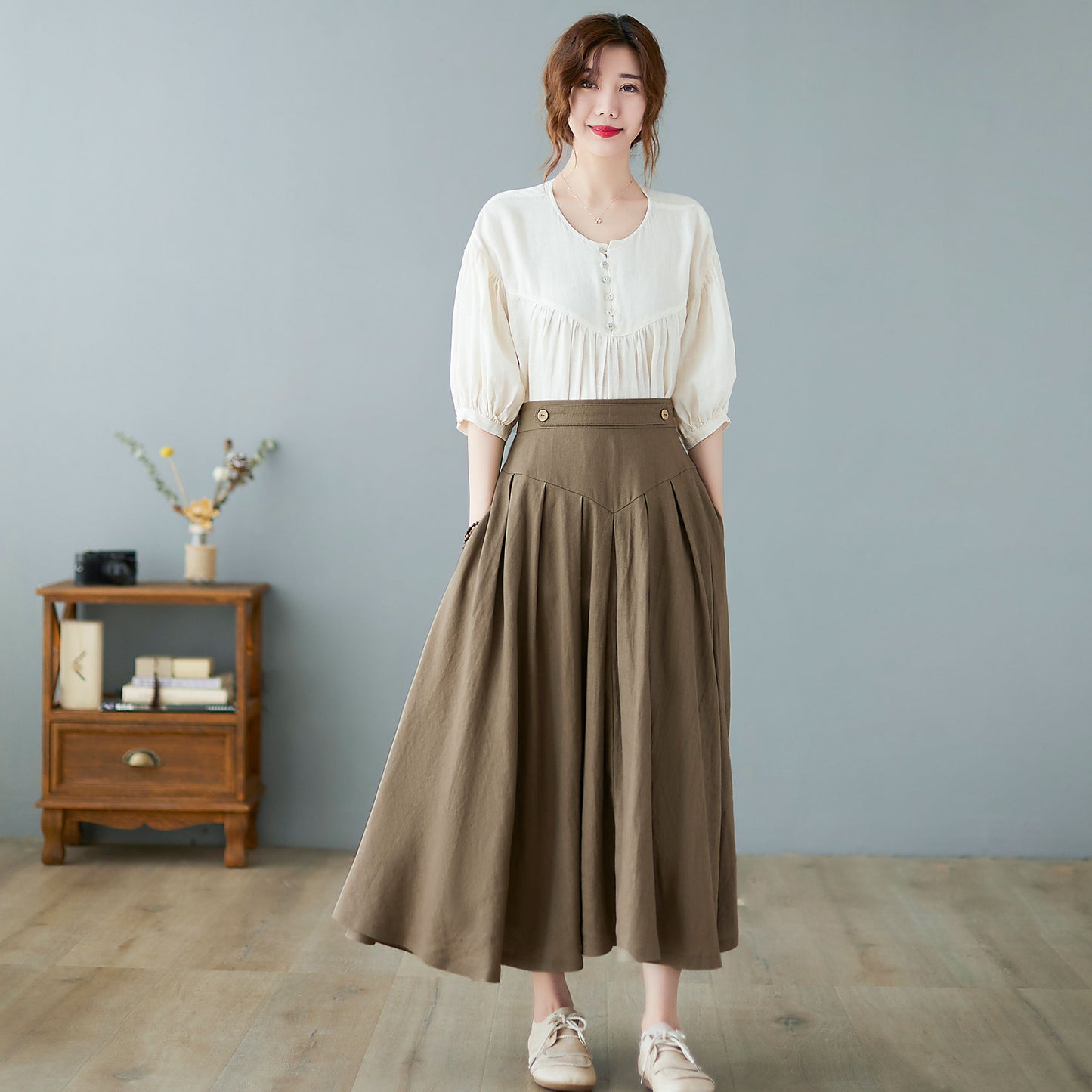Midi linen skirt, pleated skirt women C2371