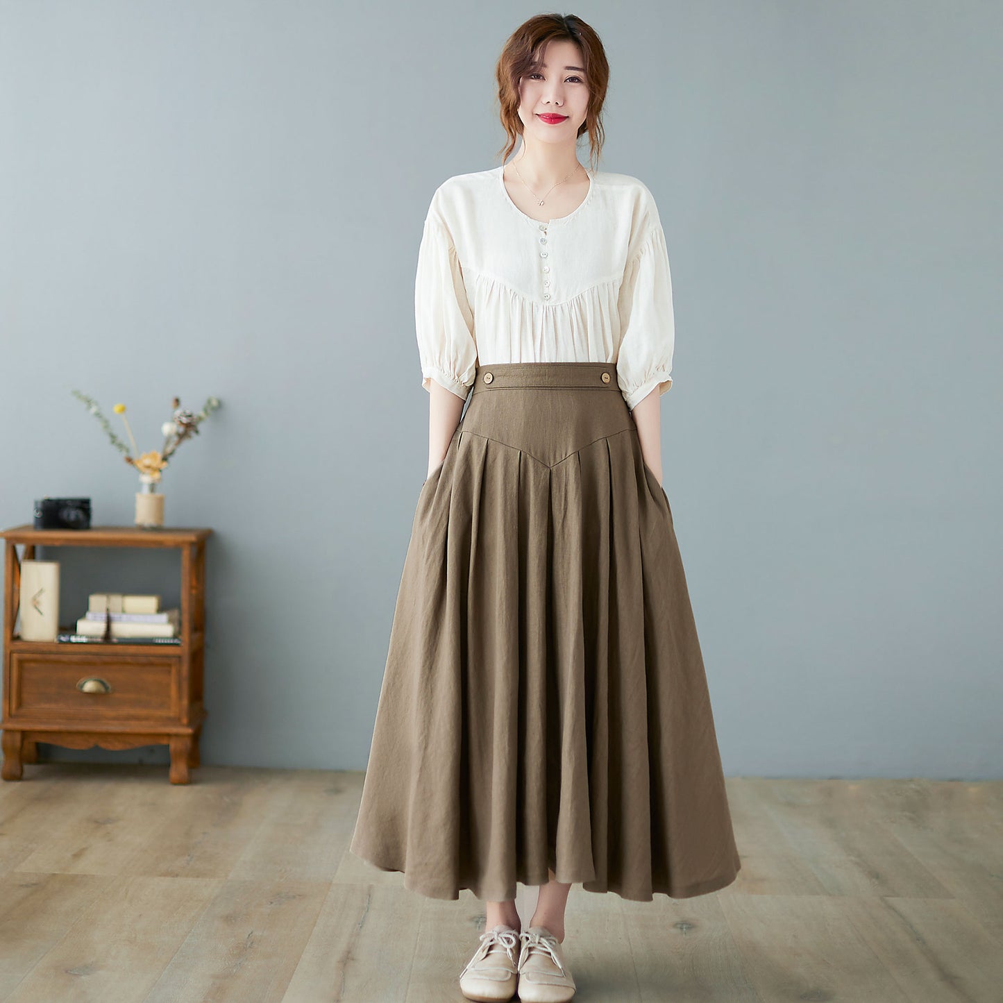 Midi linen skirt, pleated skirt women C2371