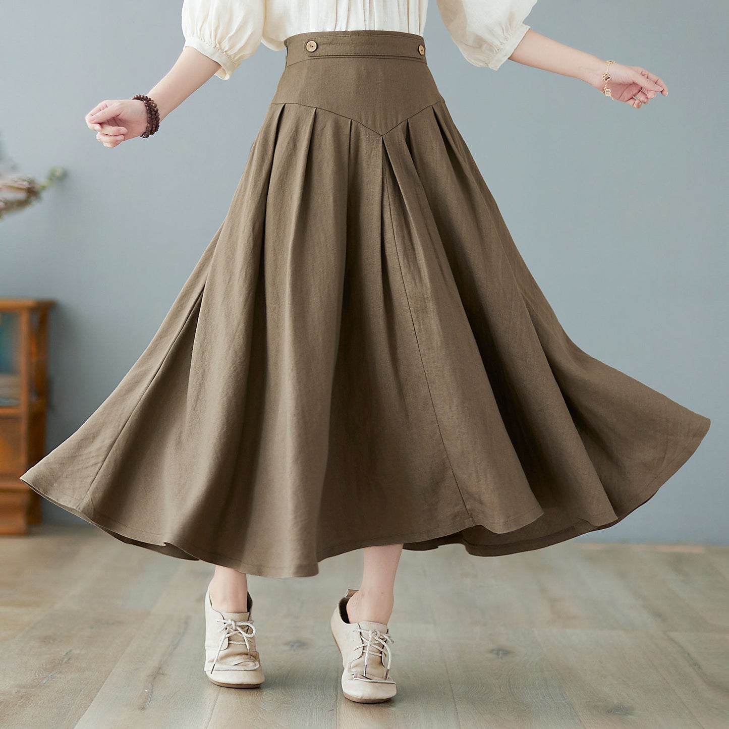 Midi linen skirt, pleated skirt women C2371