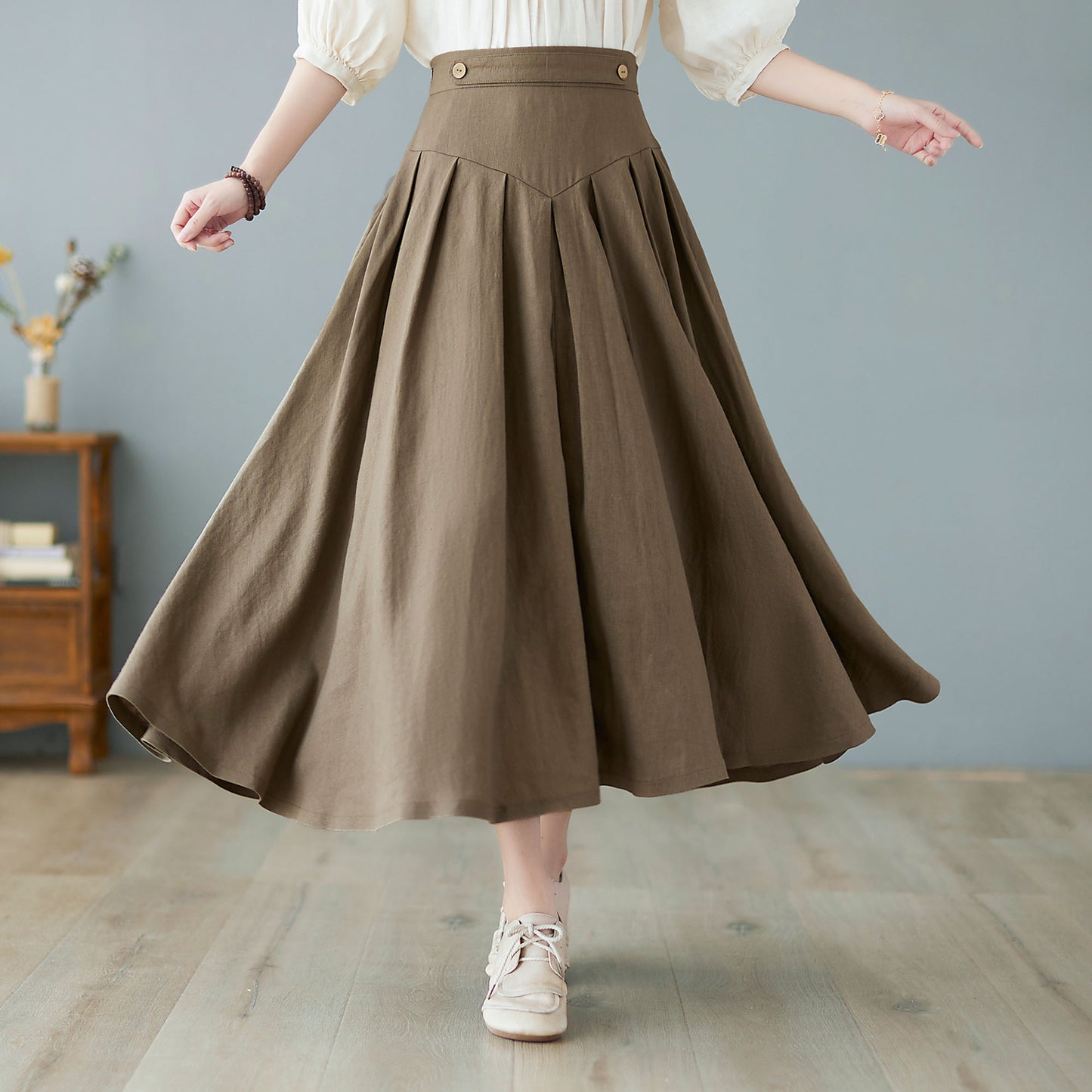 Midi linen skirt, pleated skirt women C2371