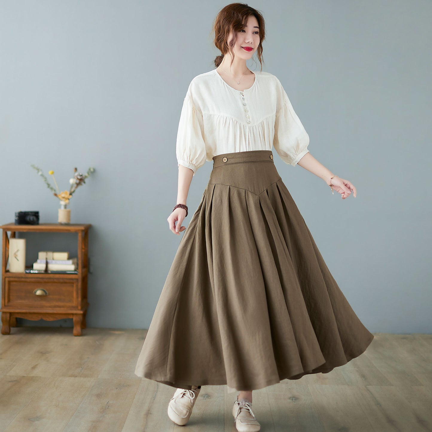 Midi linen skirt, pleated skirt women C2371