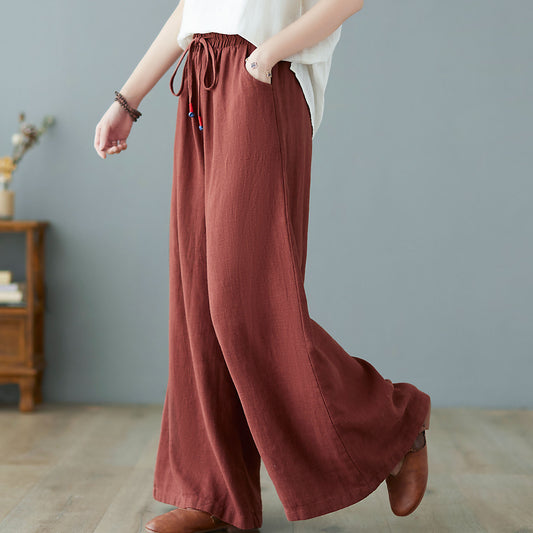 Brown Linen Wide Leg Palazzo Pants - Elastic Waistband, Side Pockets c2372