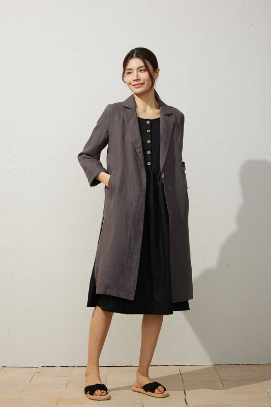 Grey Linen Shirt Dress - Breathable 3/4 Sleeve Midi Dress C3940