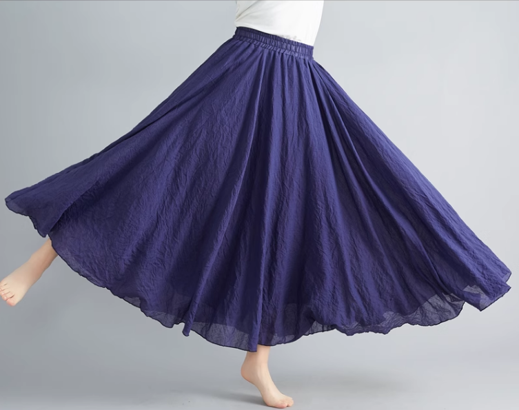 Swing long summer linen skirt women C5023-2 (navy blue)
