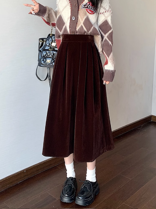 A line burgundy velvet midi skirt C4540