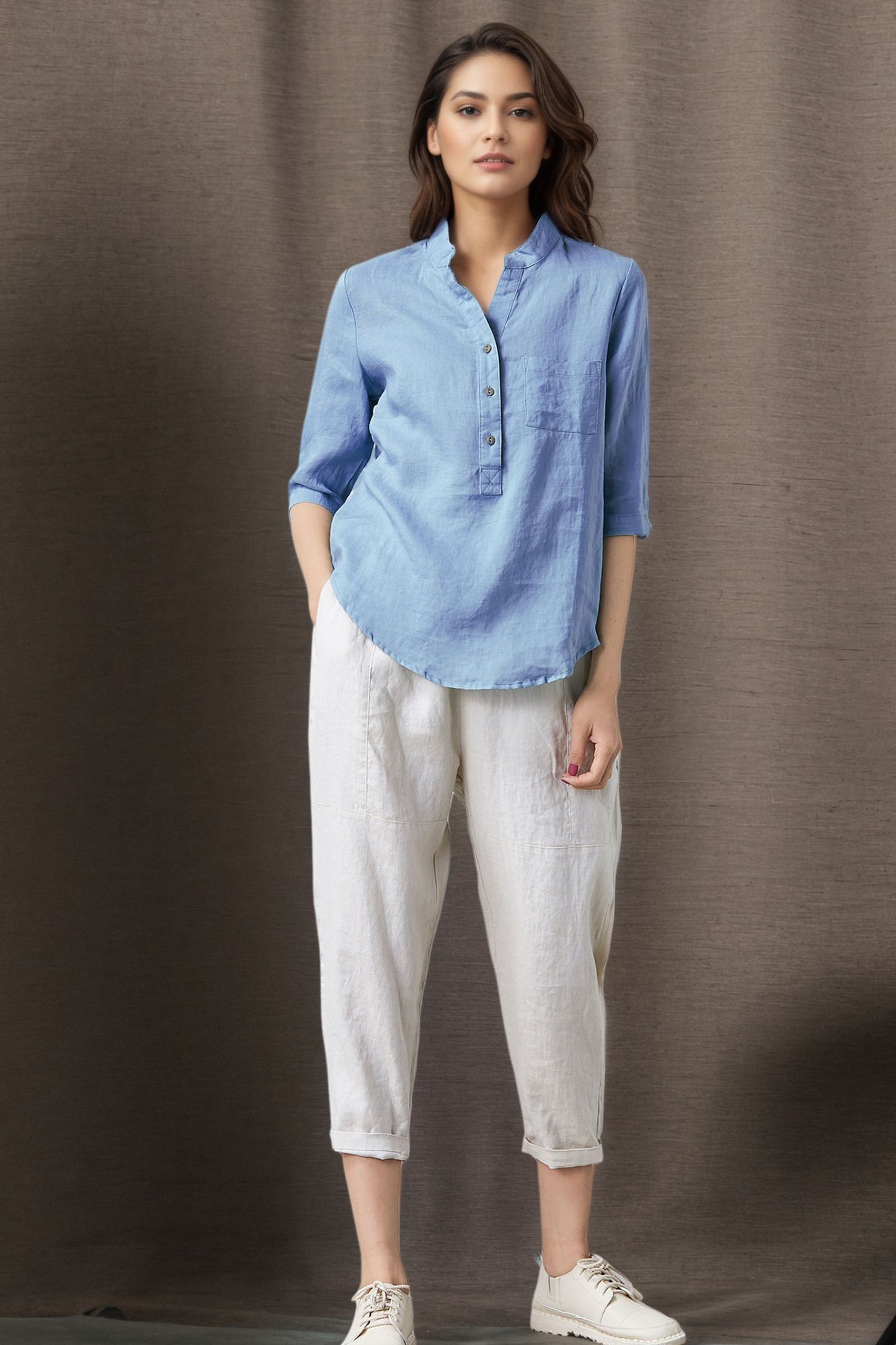 Blue linen top for women C4853
