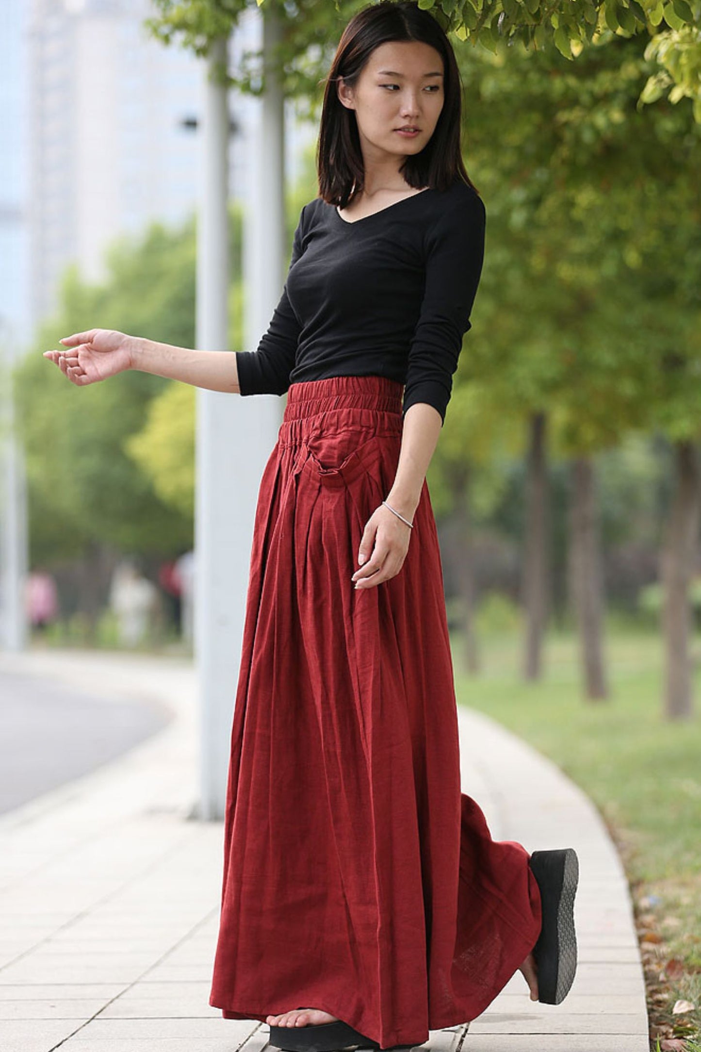 Red maxi linen womens skirt with elastic waist C286