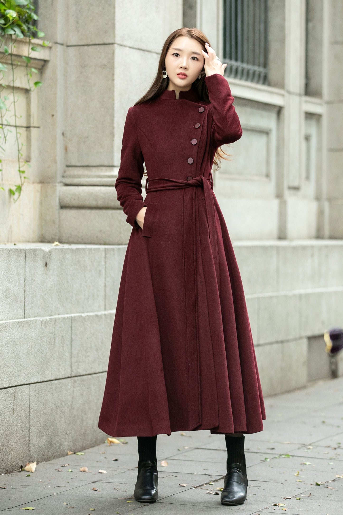 Burgundy long winter wool coat C4502