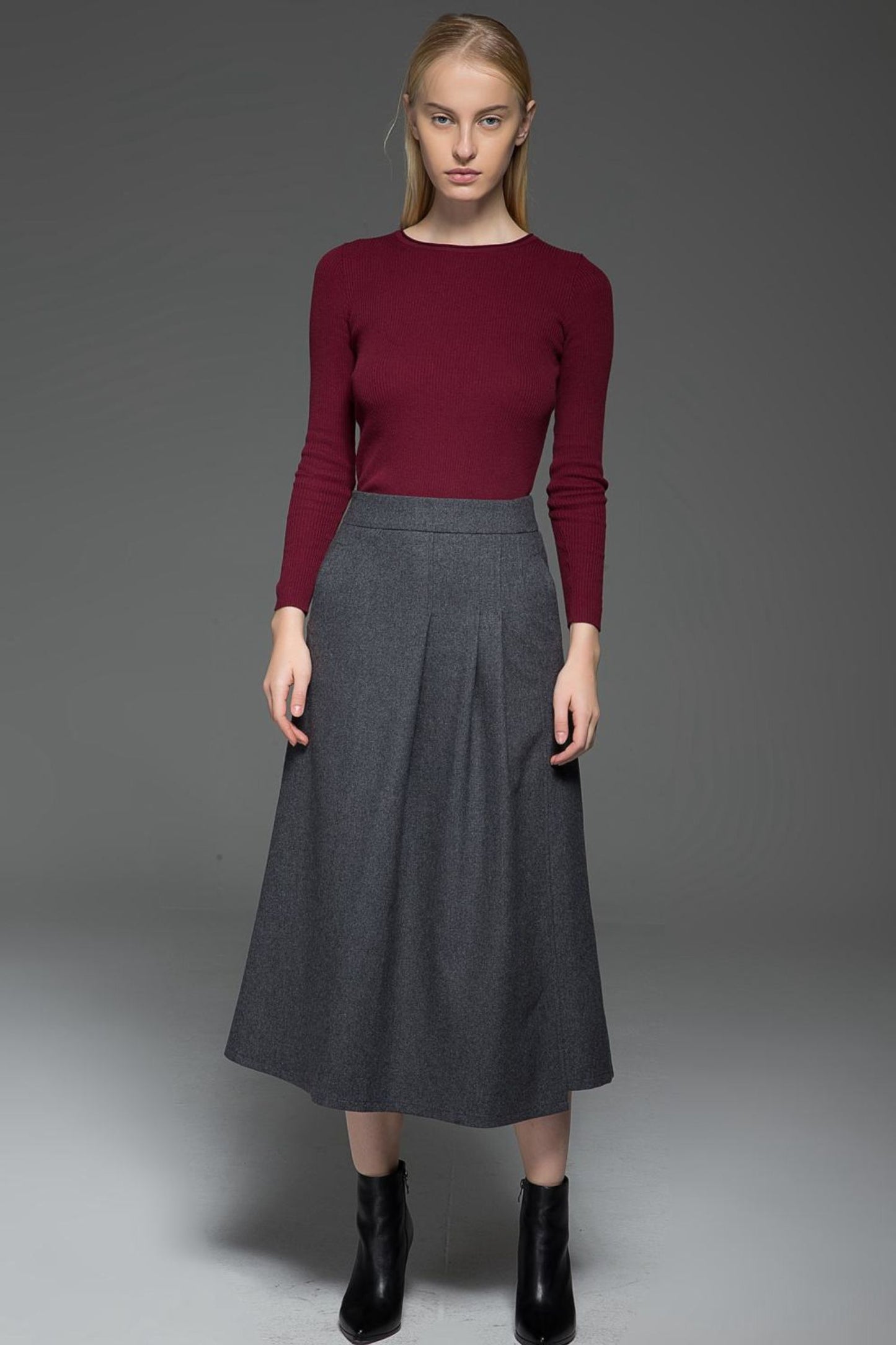 Pleated gray a line winter wool skirt C770