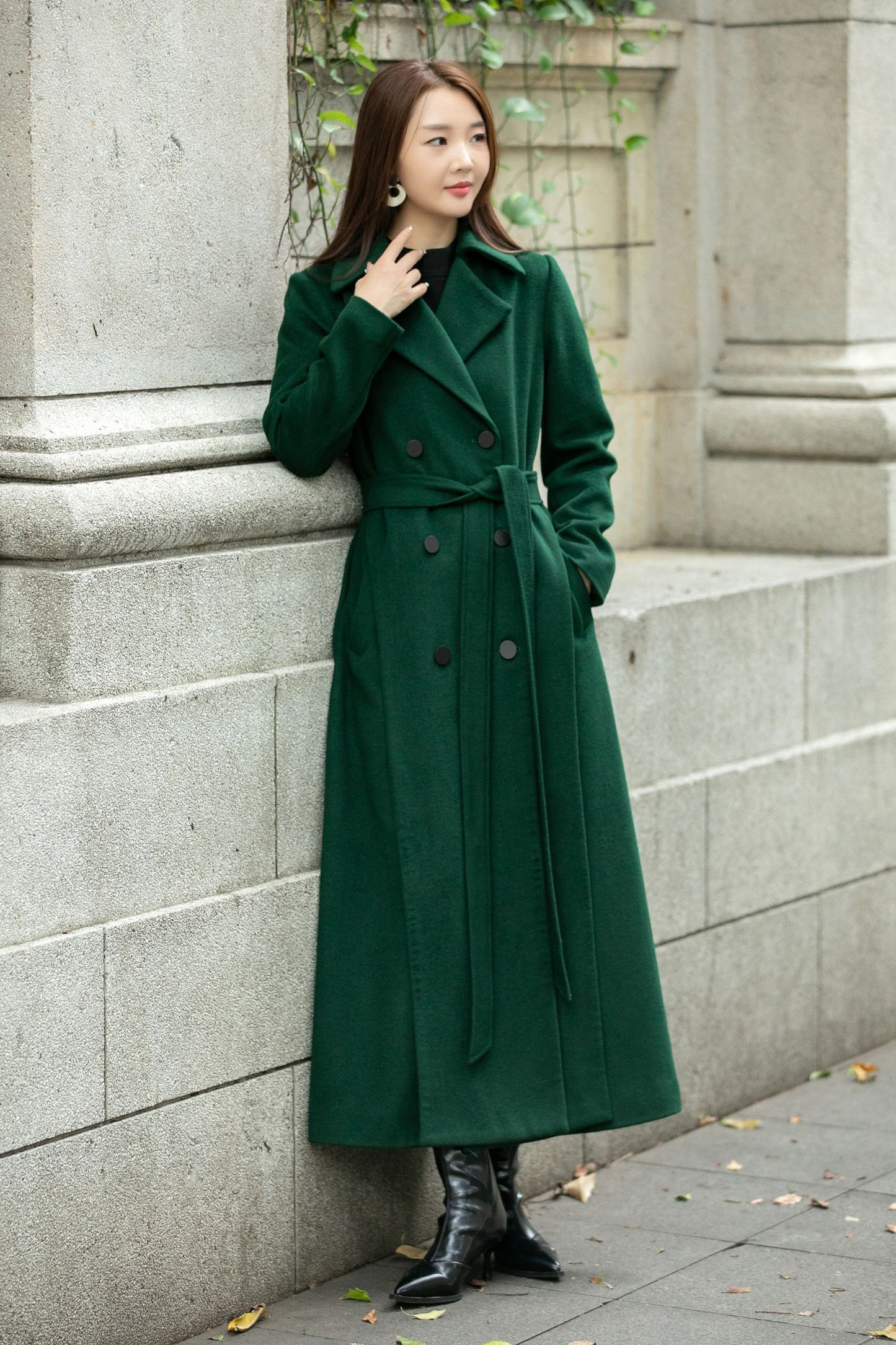 Maxi green long trench wool coat C4505