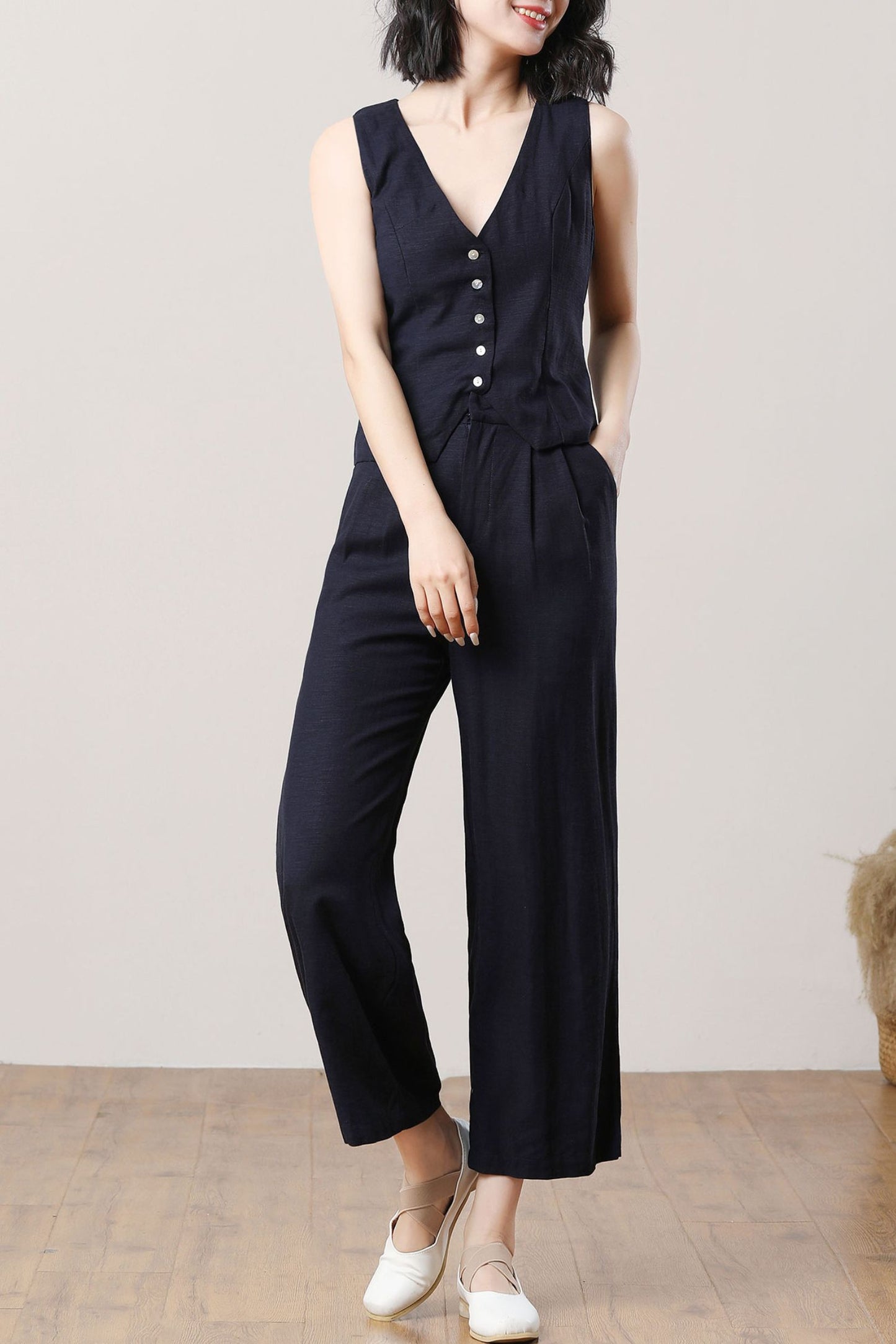 Womens spring and summer Denim blue linen vest suit C3707