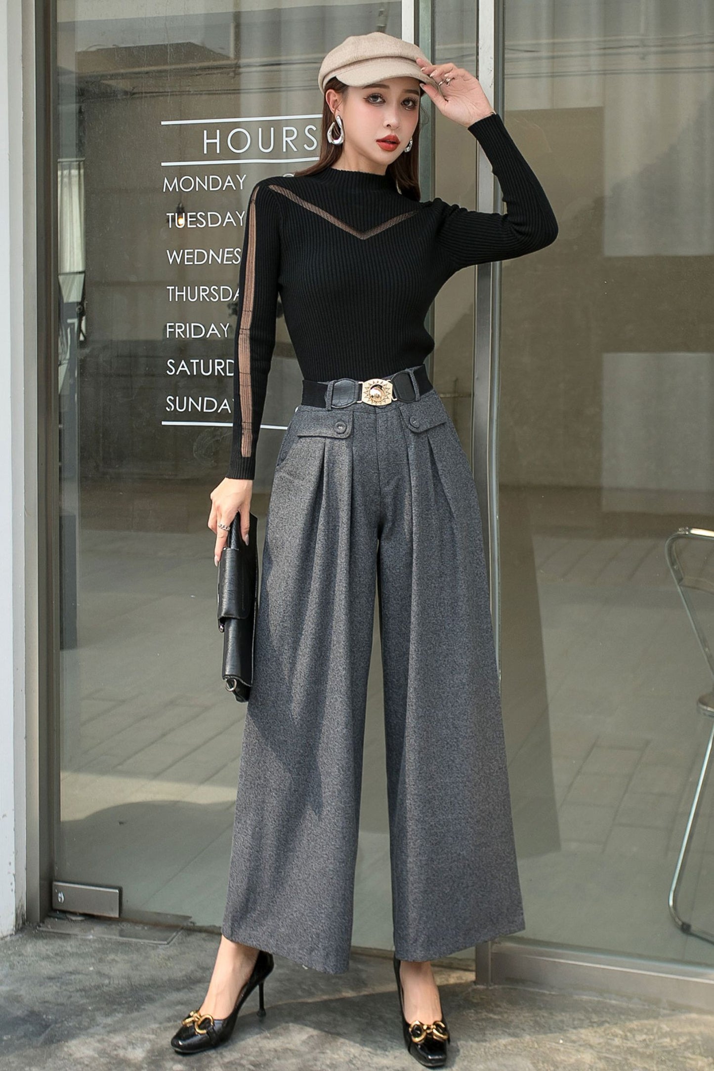 Gray Wide Leg pants palazzo wool pants C2538
