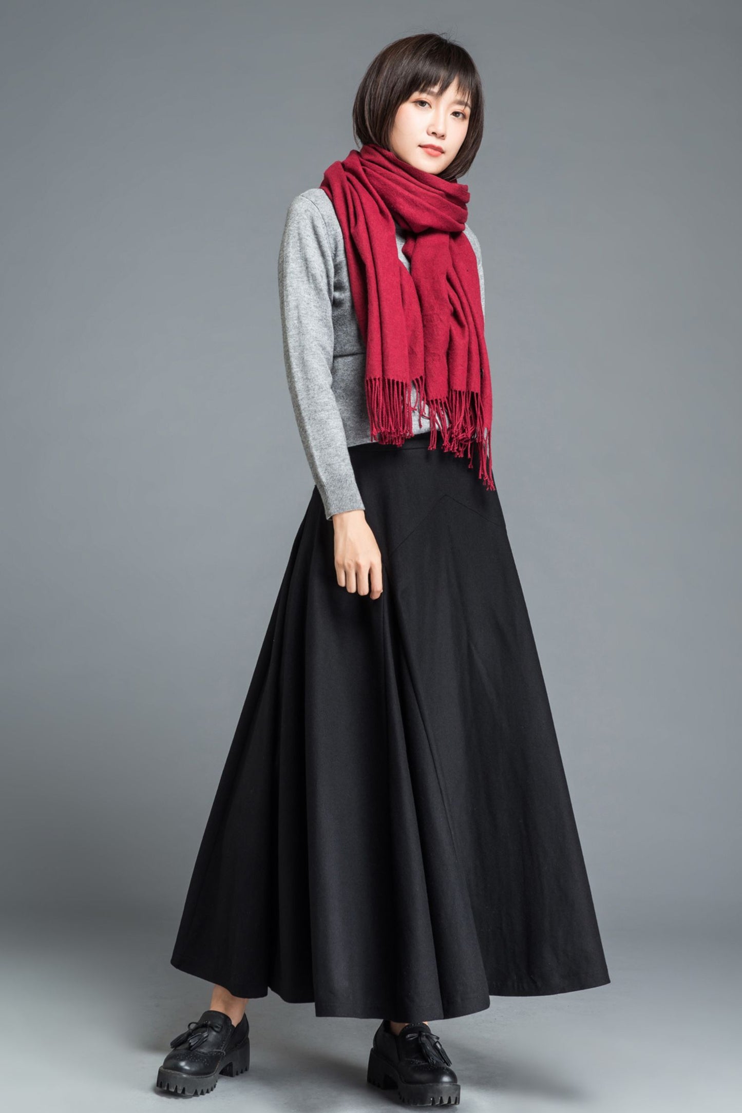 Maxi black winter long wool skirt women C1209