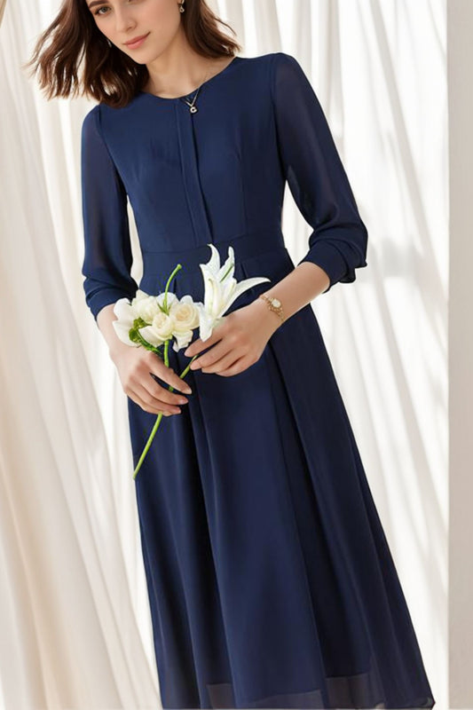 Navy Blue Polyester Midi Dress - Lightweight Long Sleeve C4298