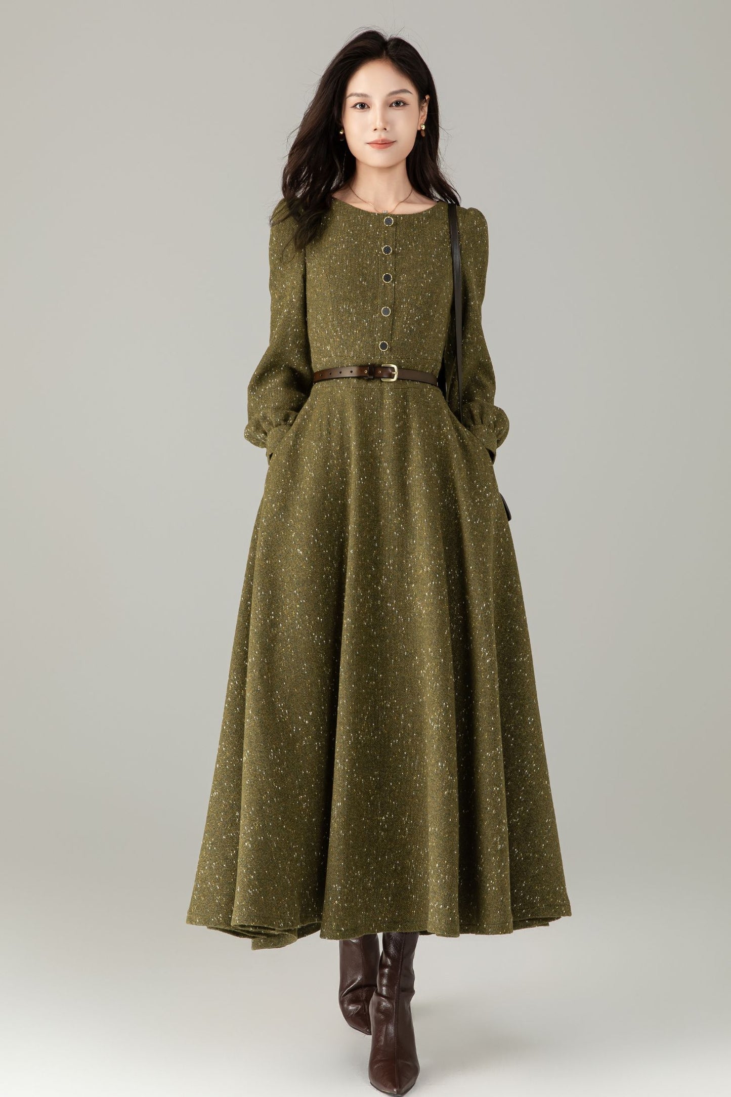 Olive Tweed Wool Maxi Dress — Vintage Button‑Front A‑Line with Pockets C5243
