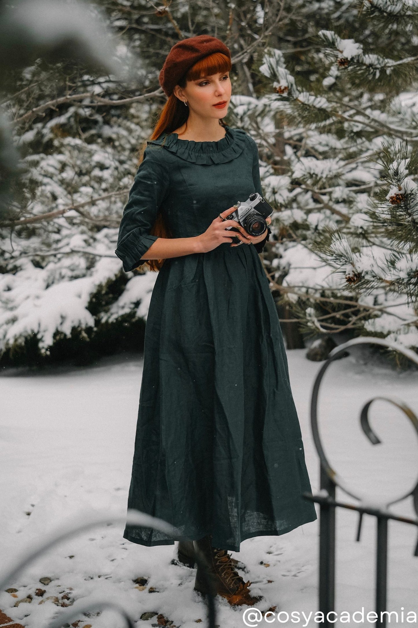 Green Linen maxi dress with ruffle c4164