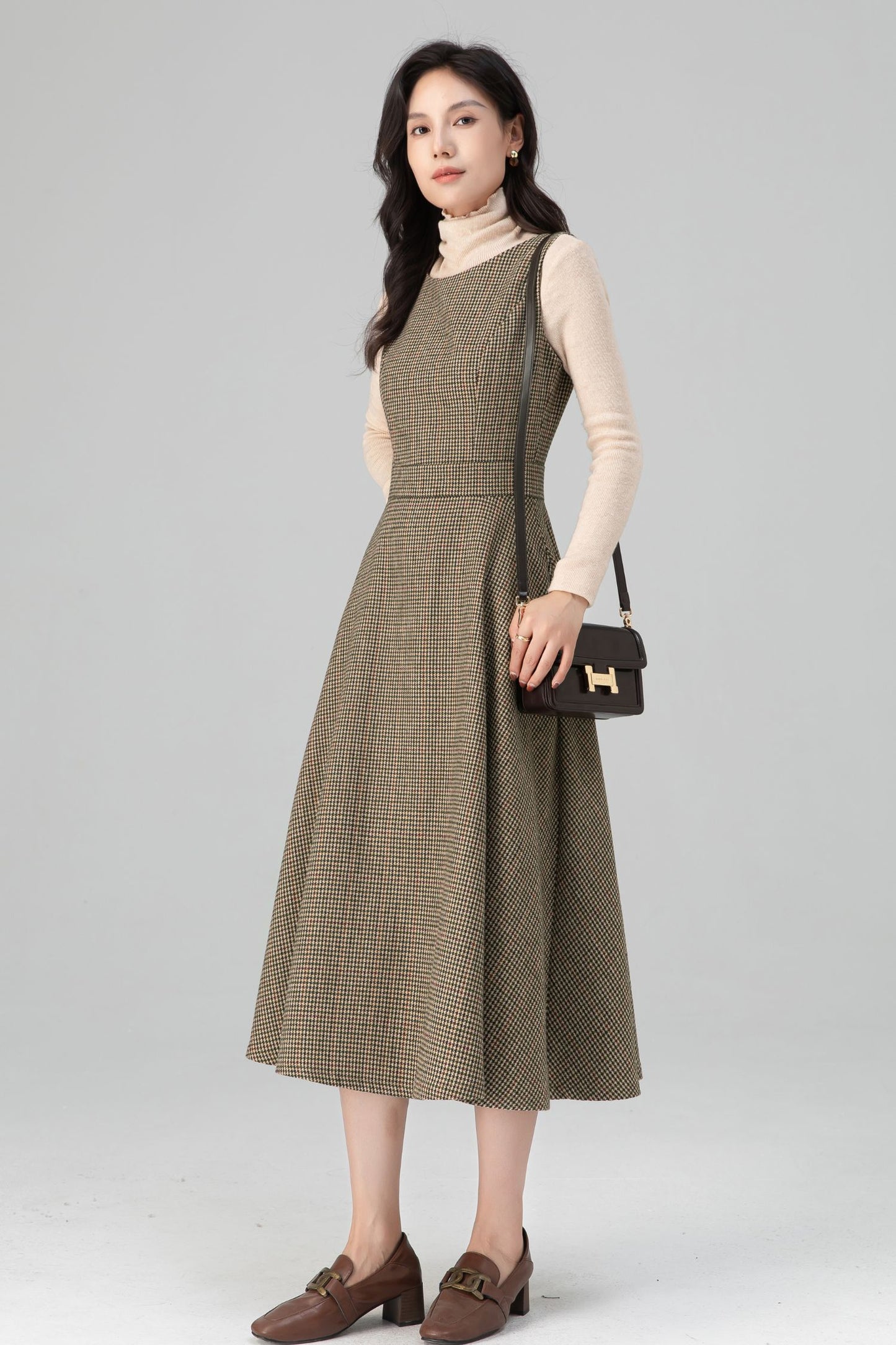 Autumn-Winter Plaid Sleeveless Midi Wool Dress C5206