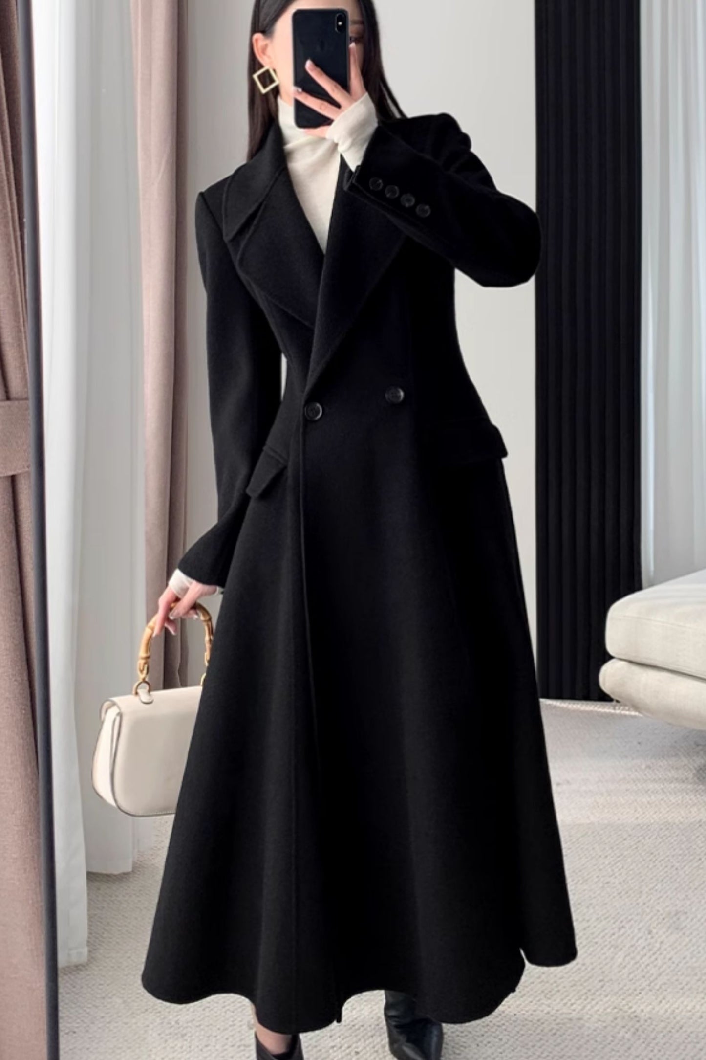 Long black winter wool coat women C4473