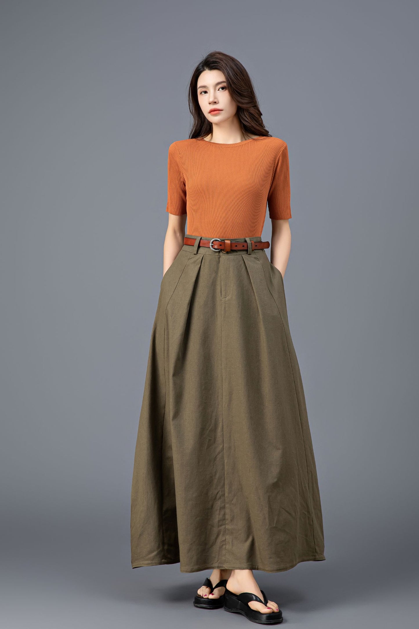 Elegant Army Green Maxi Skirt C3921