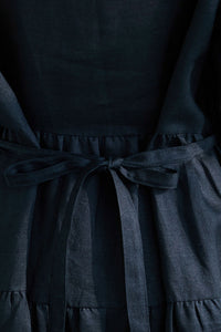 blue linen midi pleated spring casual dress with pockets C2782