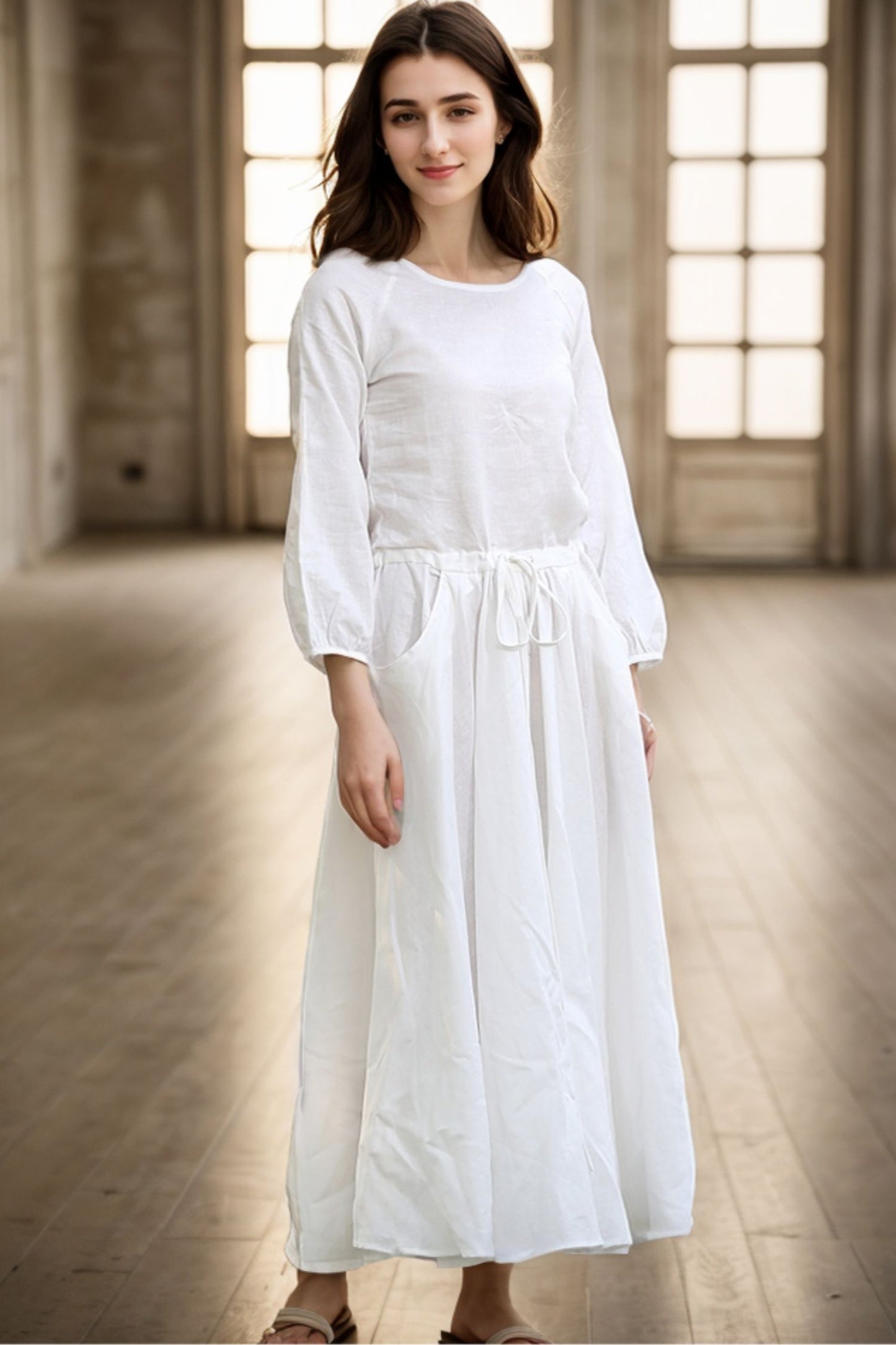 Drawstring Waist Long Sleeve White Dress C281