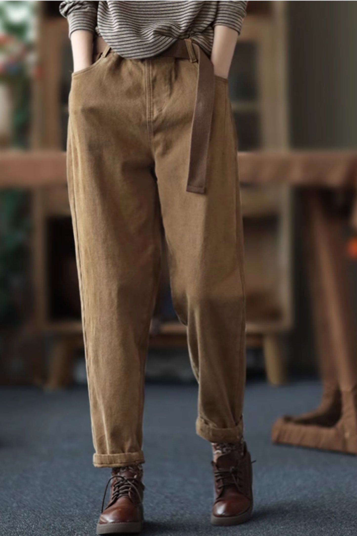 Elastic waist long cotton pants C4668