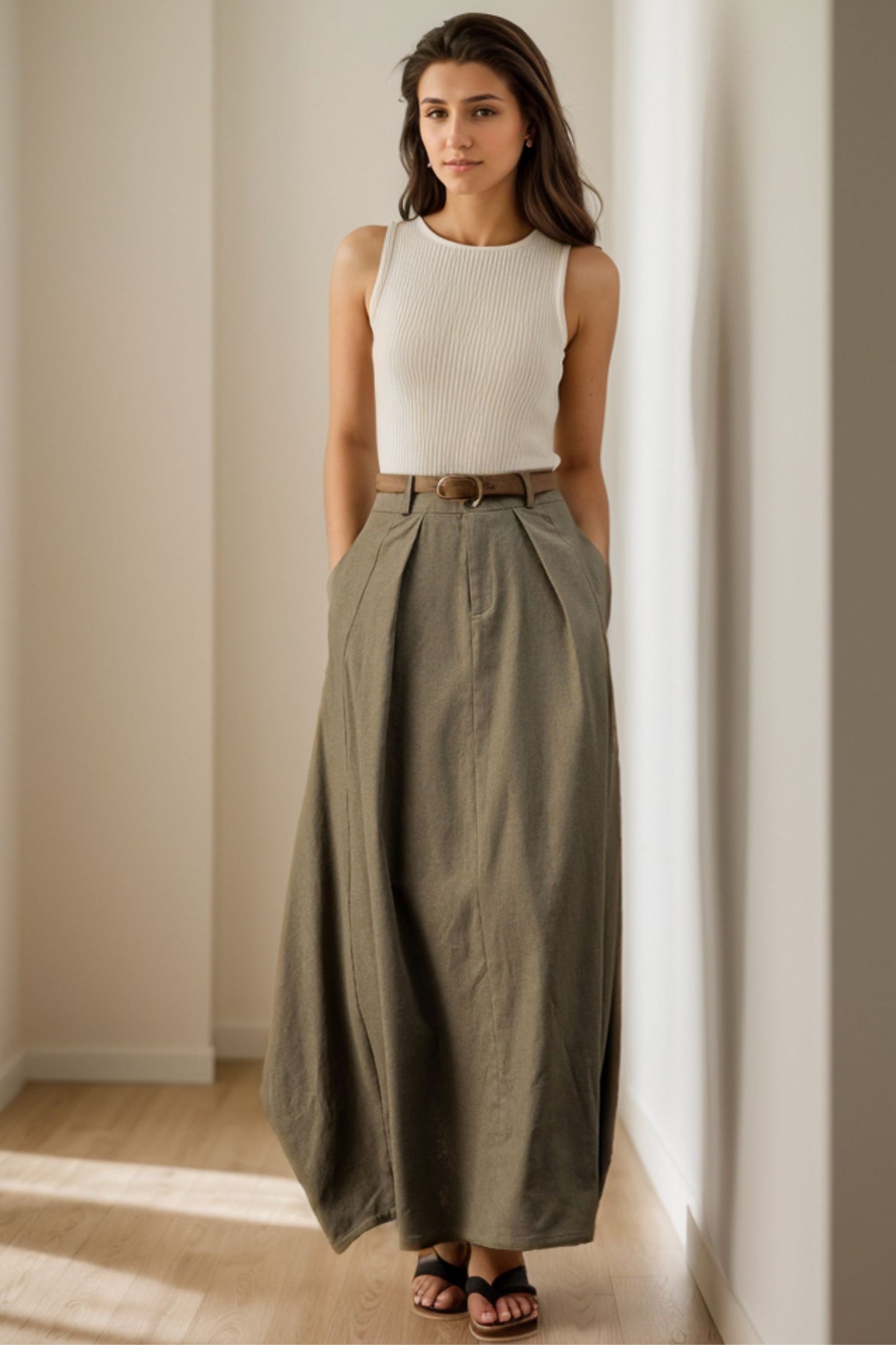Elegant Army Green Maxi Skirt C4105