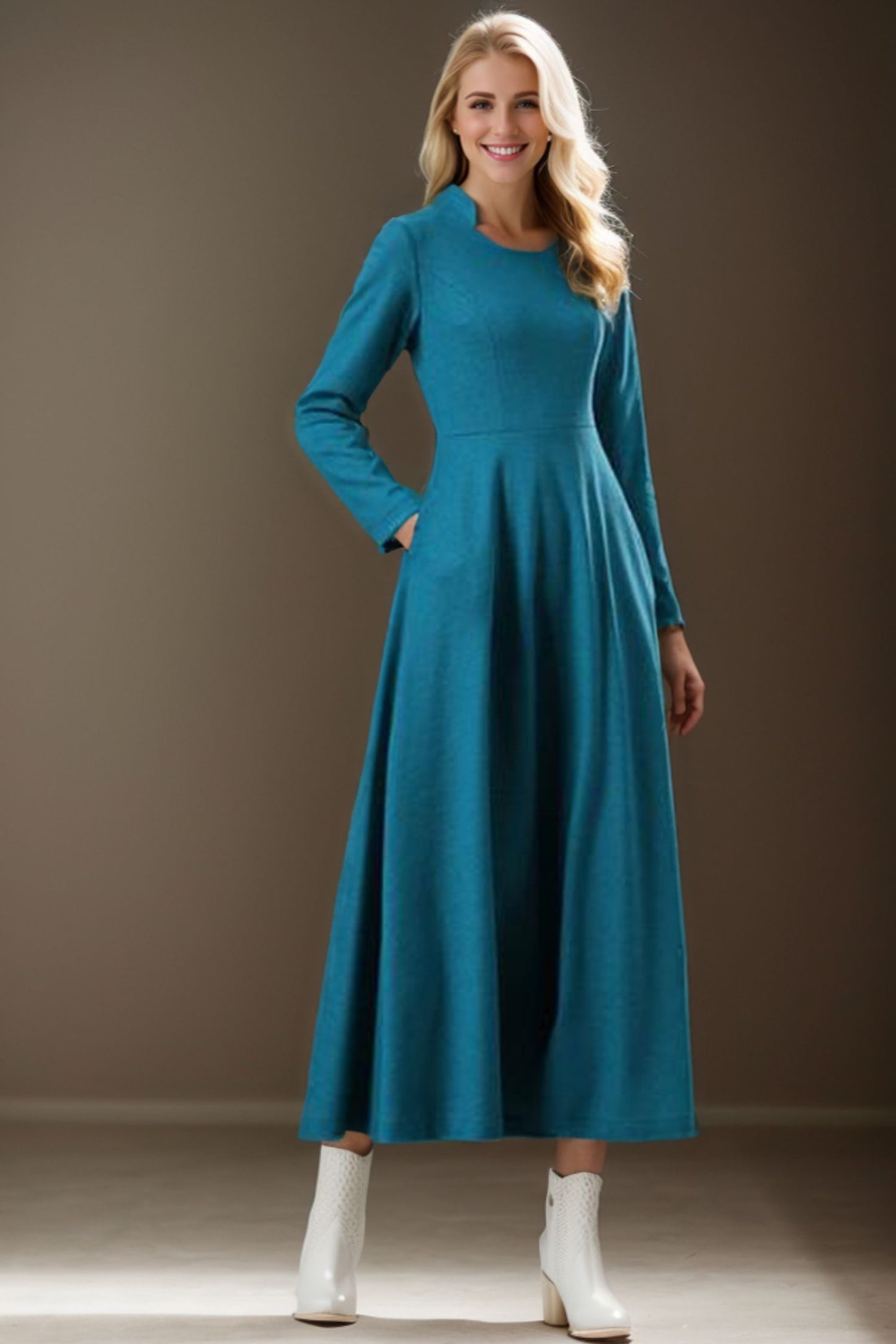 Womens Long sleeve winter wool blue A Line dress C4268