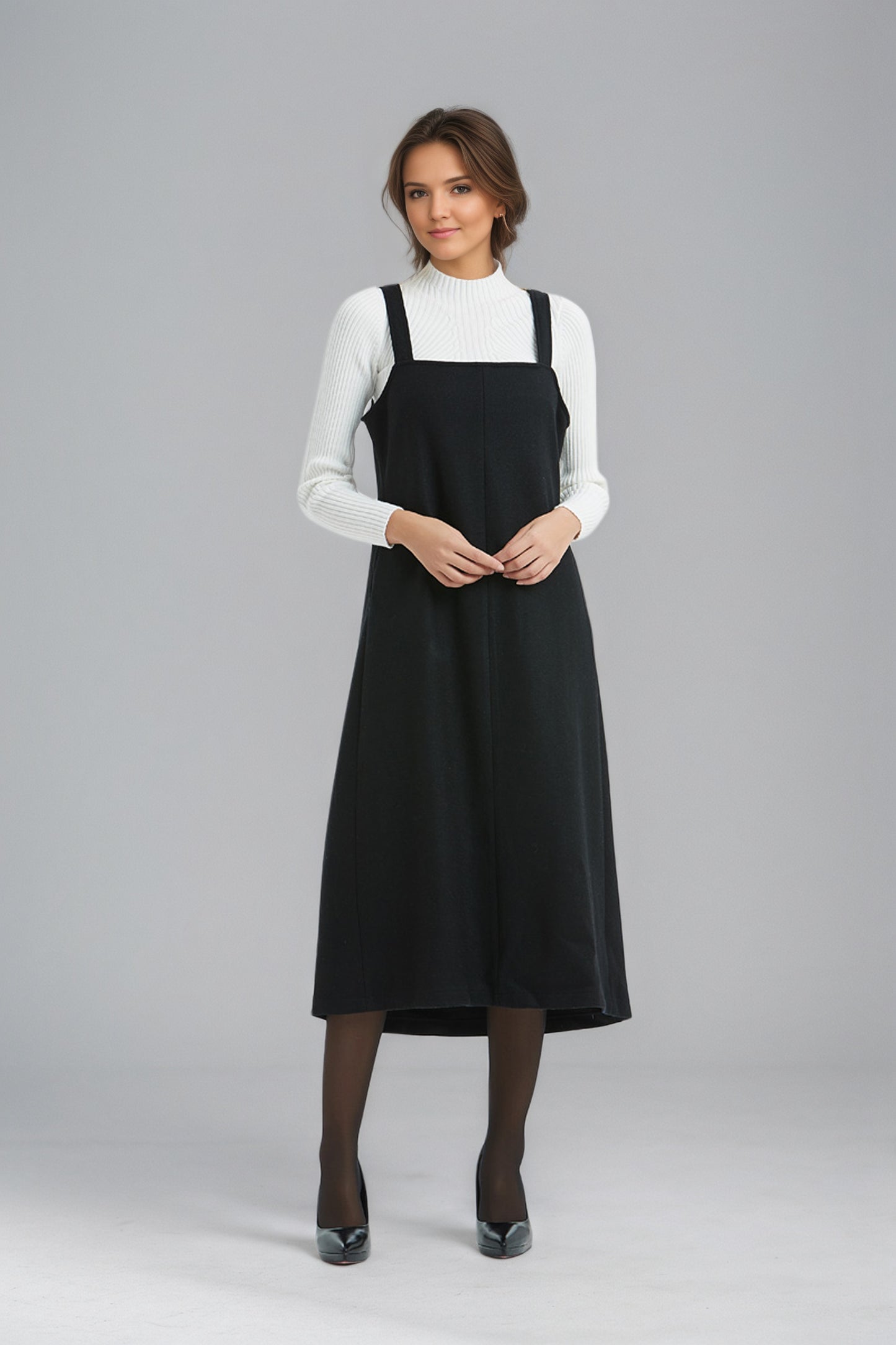 Long Sleeveless Black Wool Pinafore Dress C5141