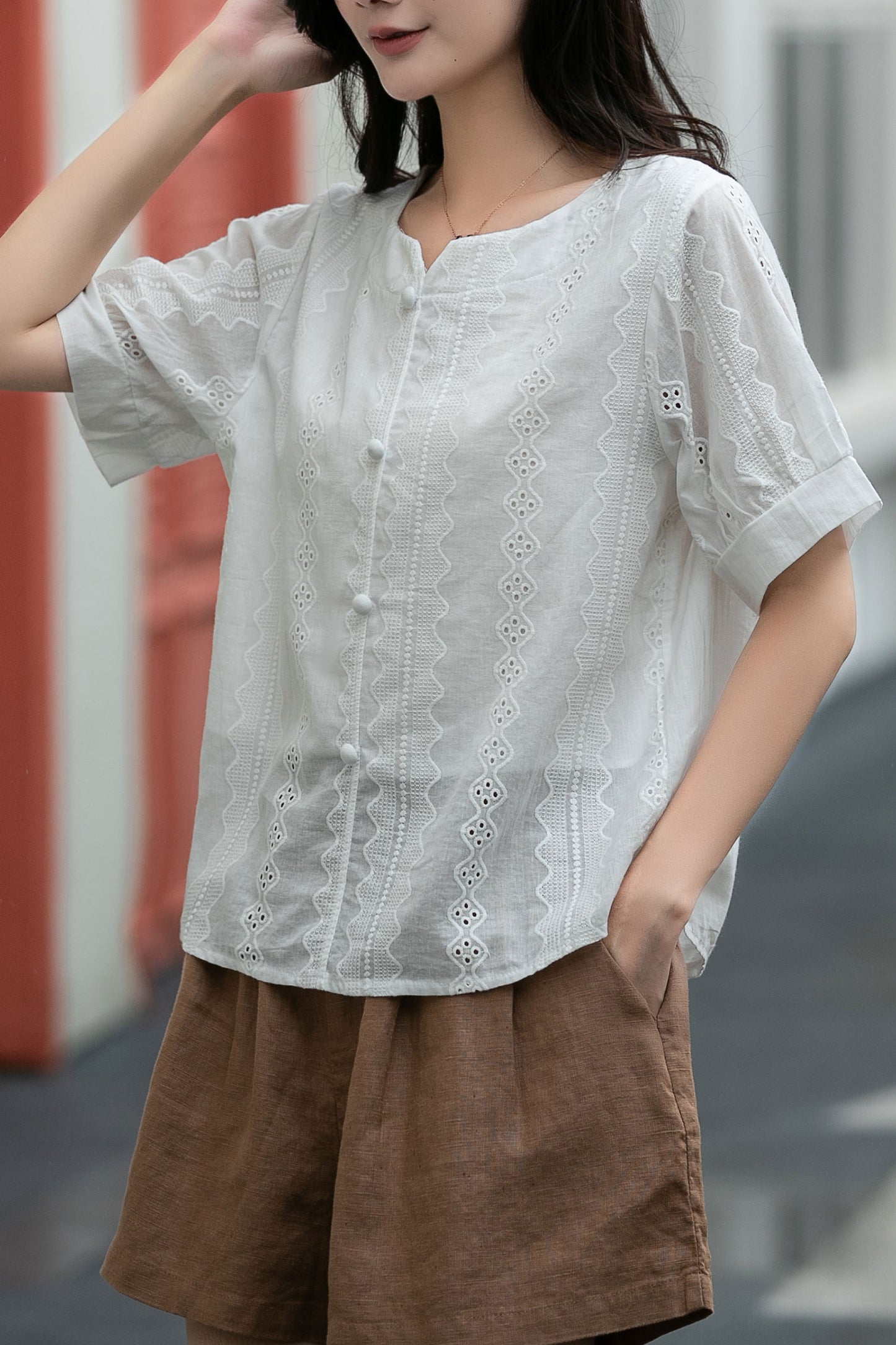 Button front white blouse top C5041