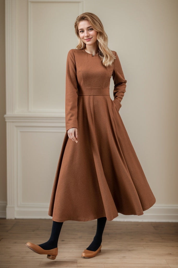 Fit and flare long winter wool dress C4447