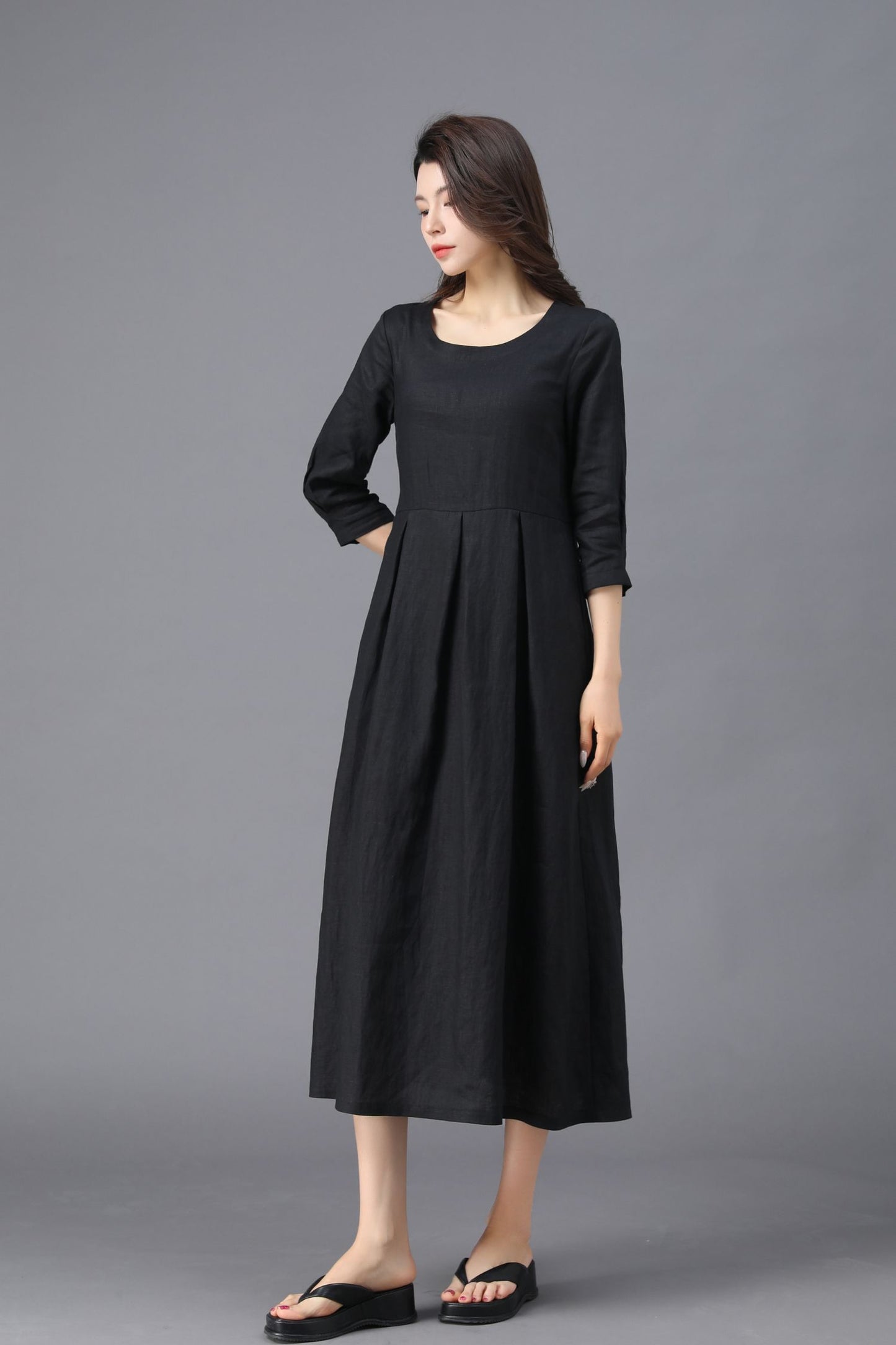 Women's Casual Belted  Black Linen Dress C3911