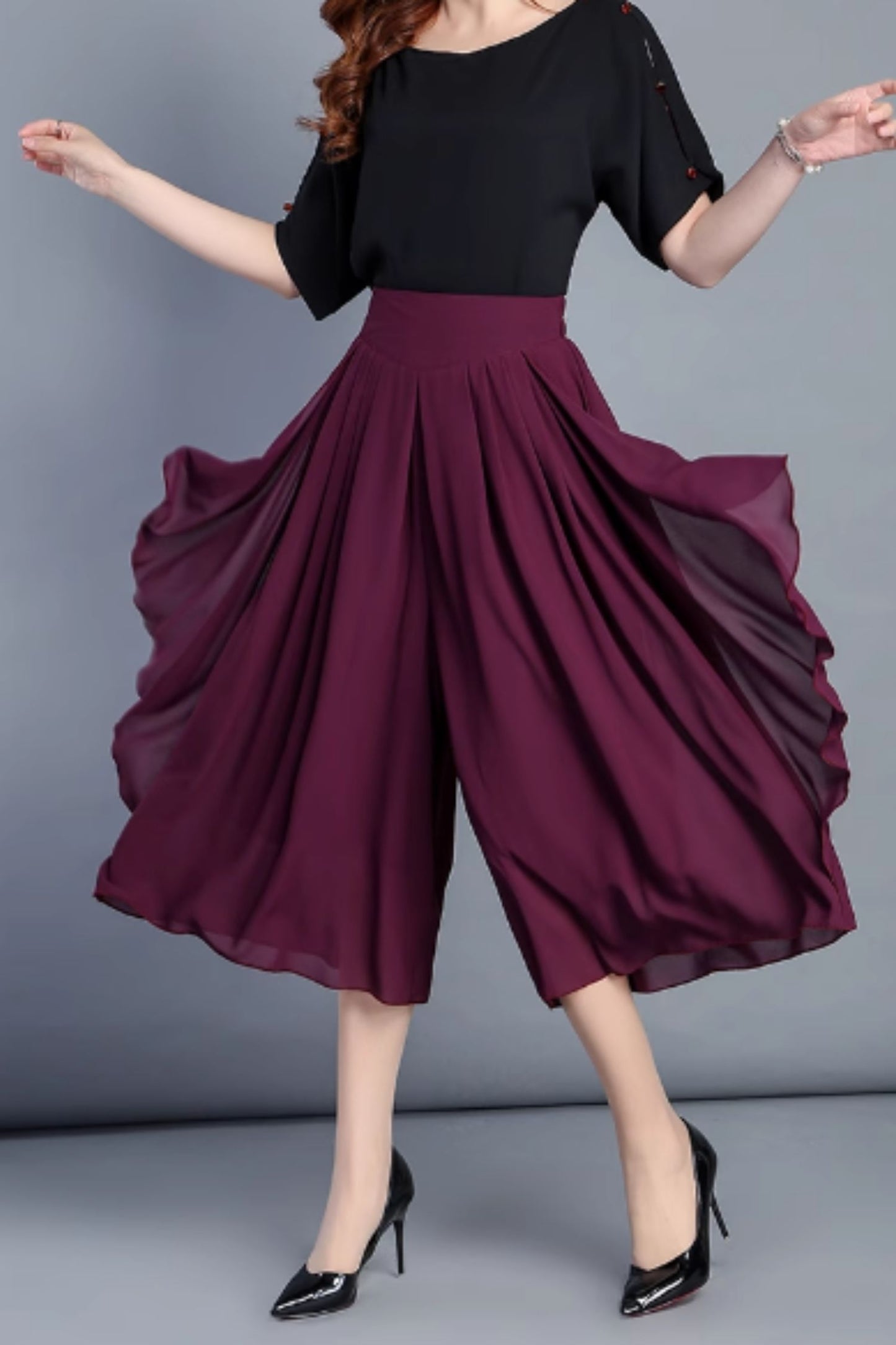 Wide leg midi chiffon pants women C4911