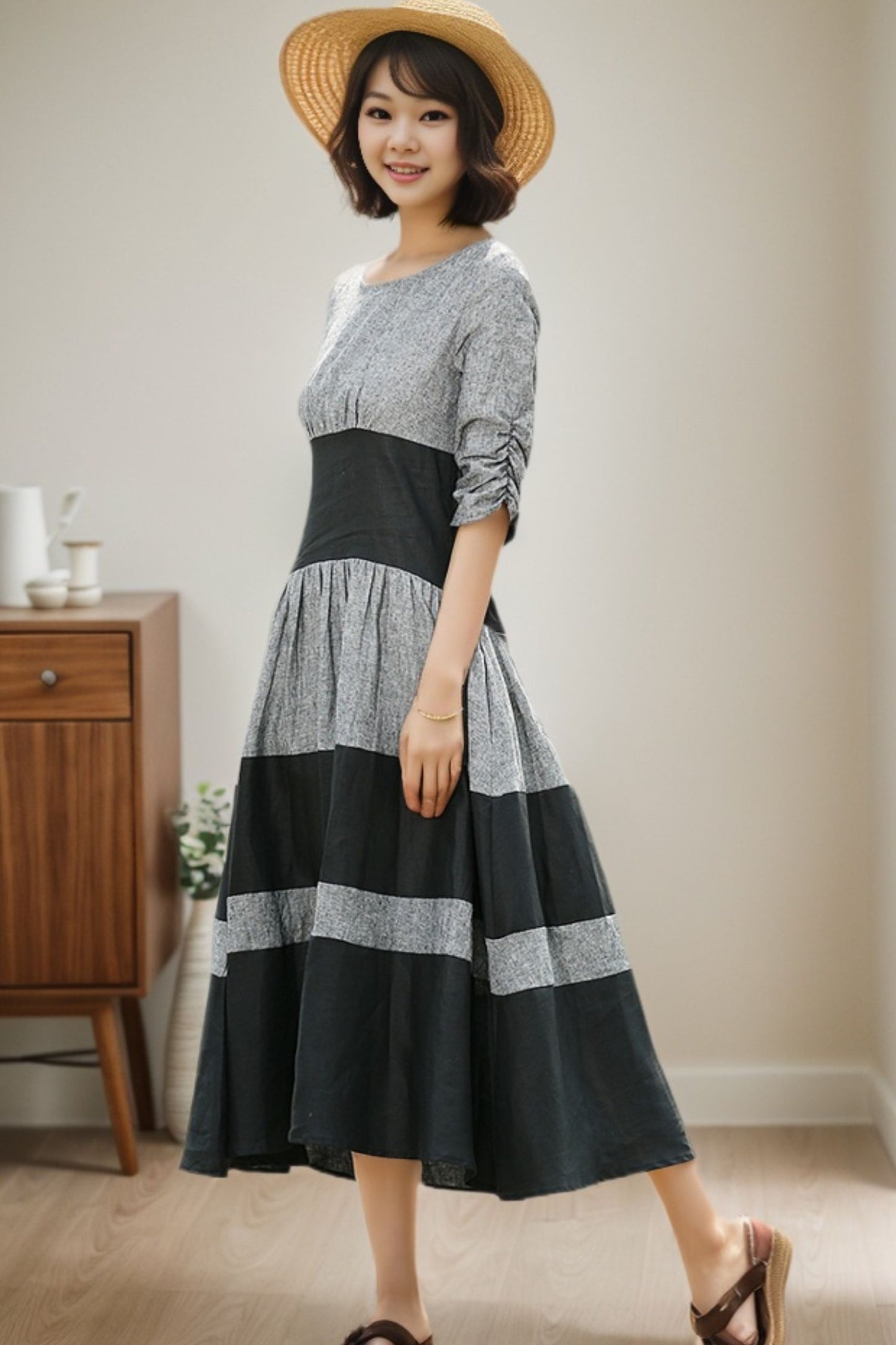 Black grey stripey Loose Fit Linen Dress c4683