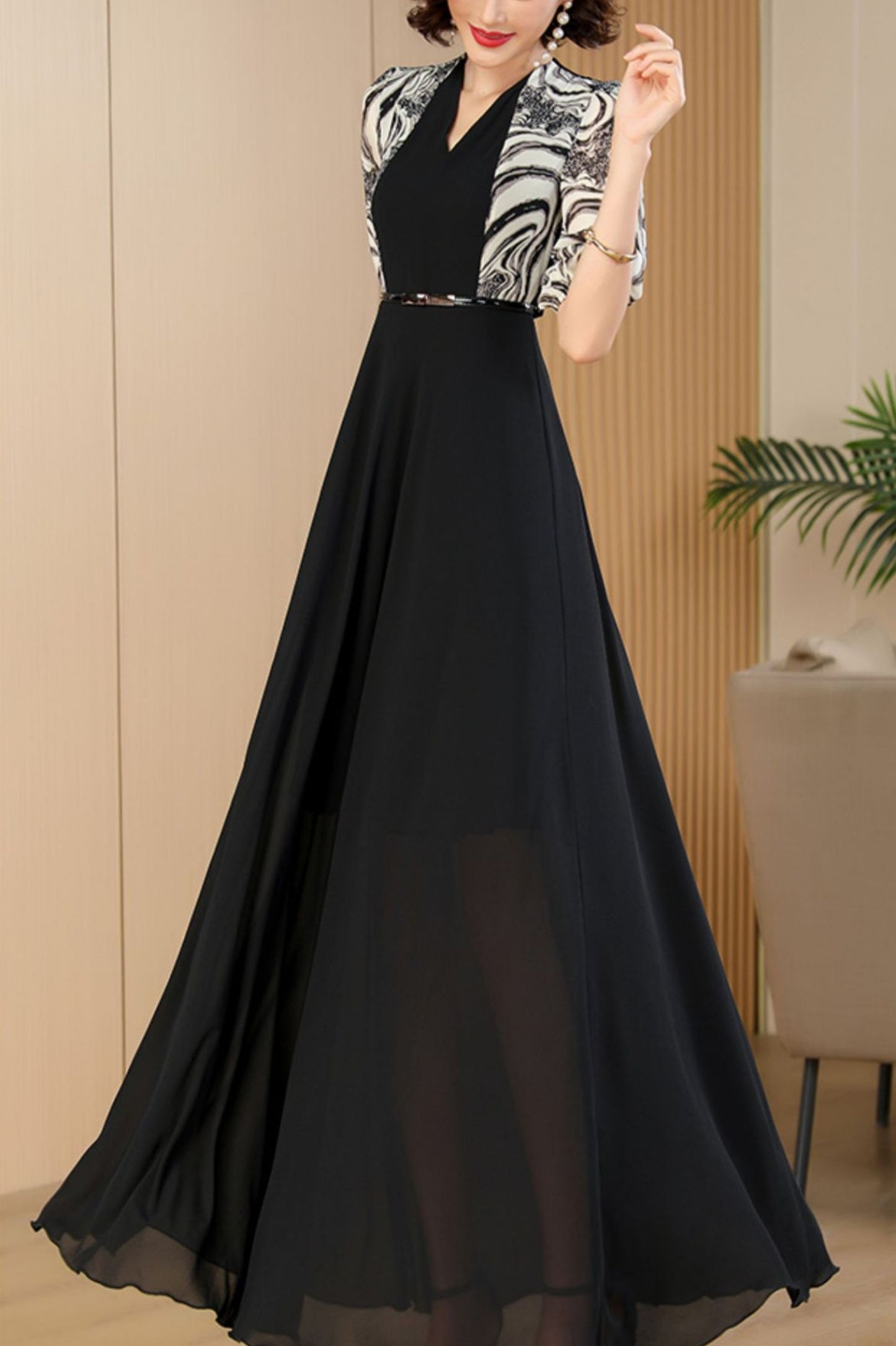Black fake two-piece dress women long summer dress C4085