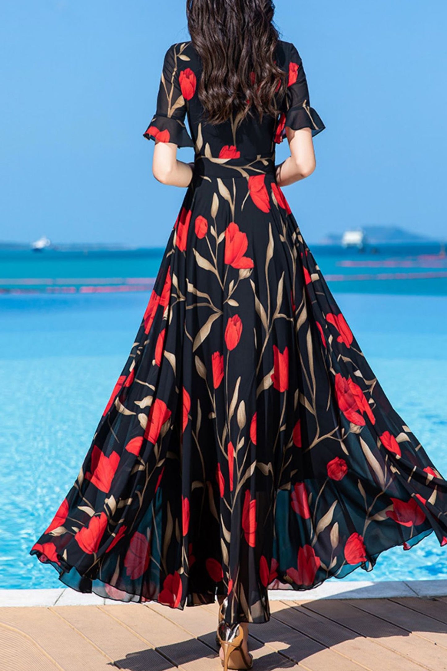 Floor-length summer new French long chiffon dress women C4031