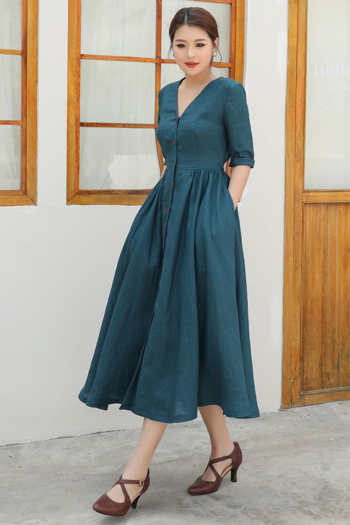 Button Front linen Midi dress c4839