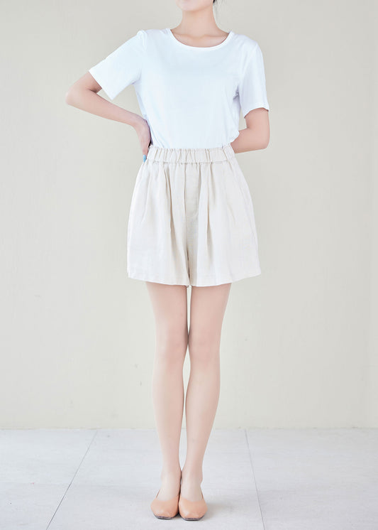 Natural Beige Linen High Waist Shorts - Relaxed Fit with Side Pockets c2154