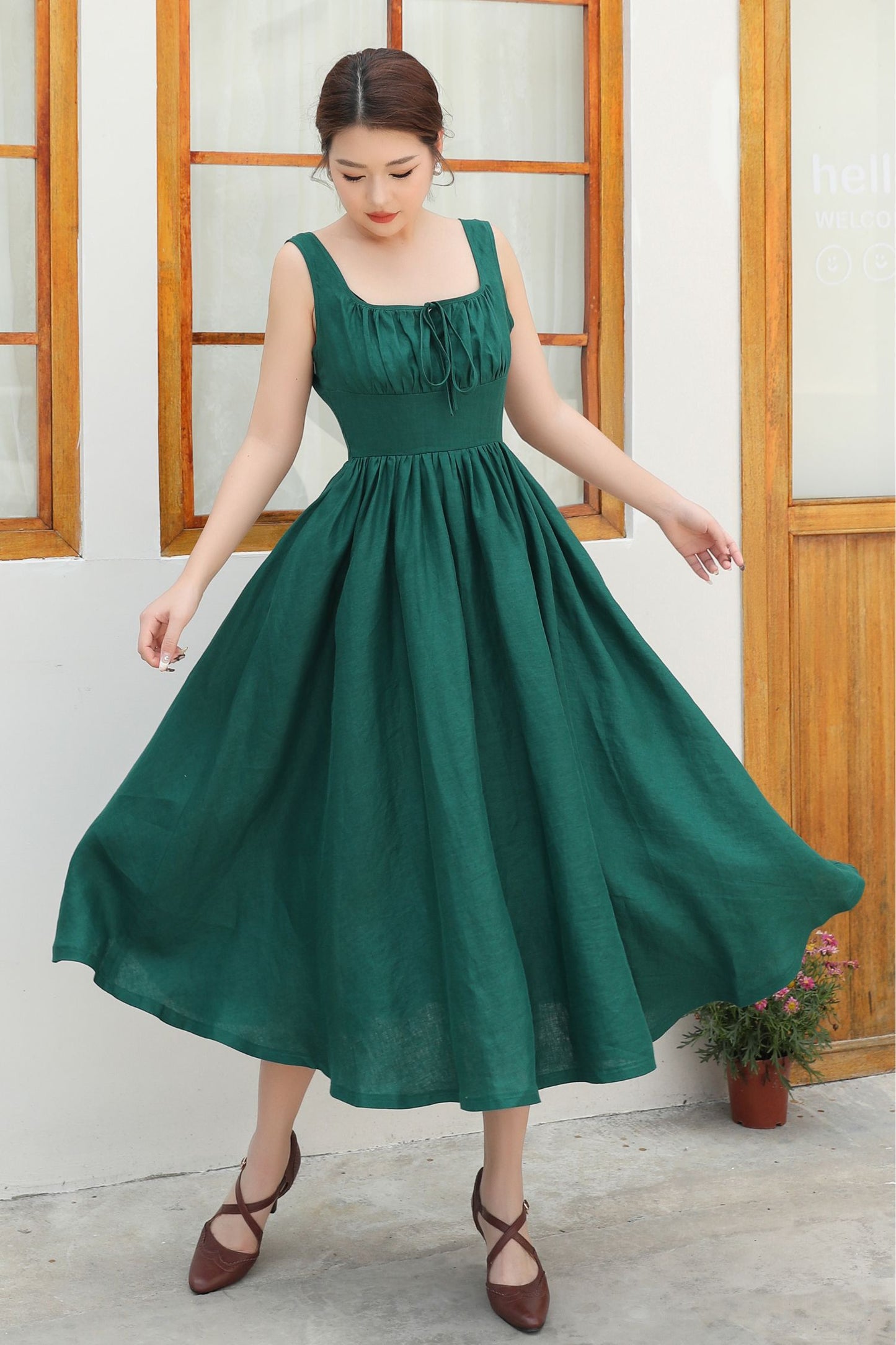 Flattering High-Waisted Green Linen Pinafore Dress c4838