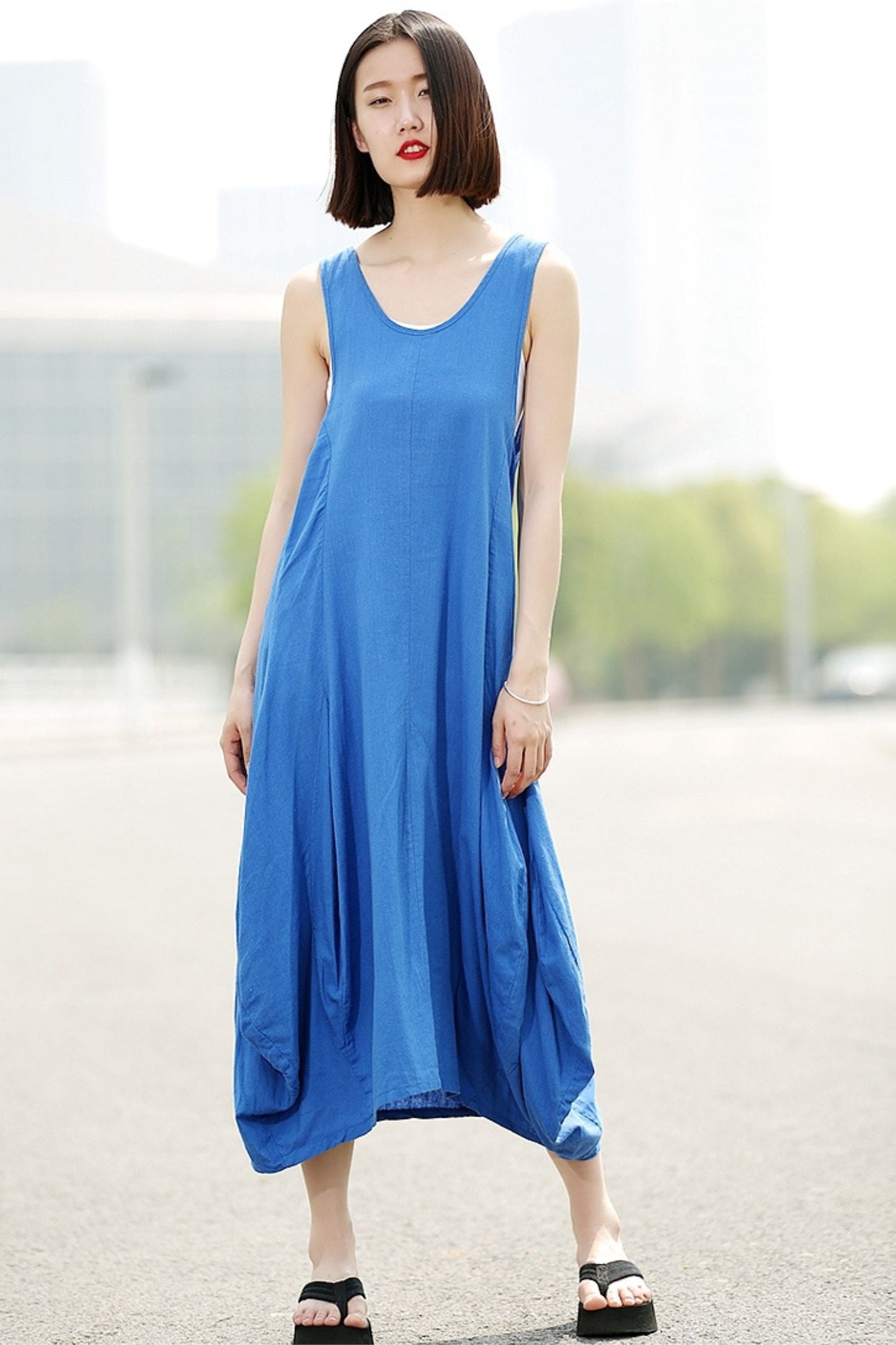 Linen long vest sleeveless dress C355