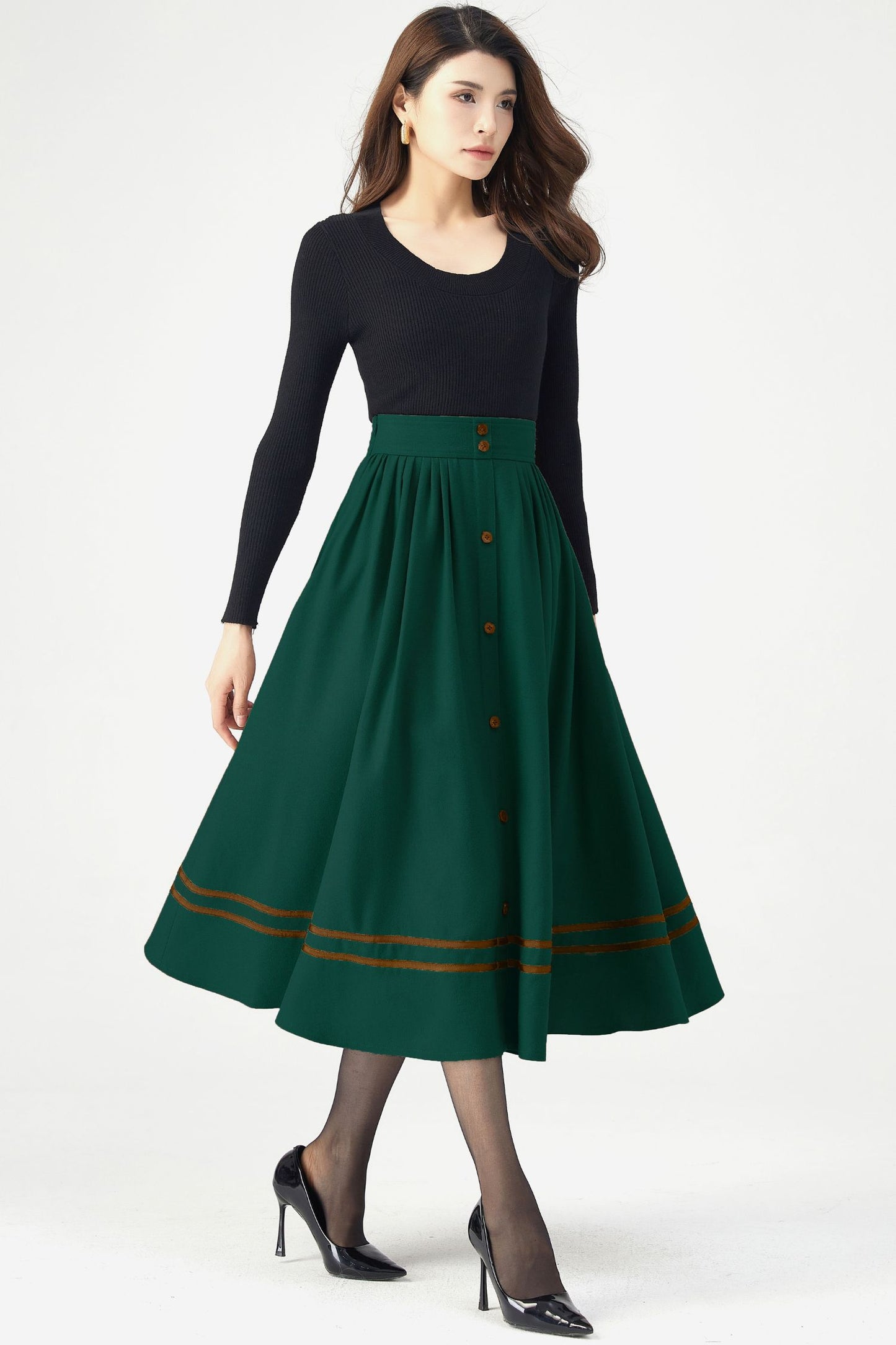 Button Front Swing Green Wool Skirt C4513