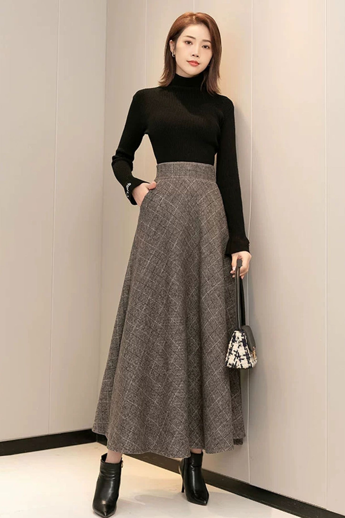 Plaid Wool A Line Skirt C3607