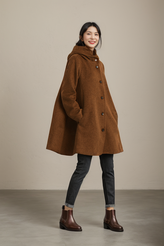 Loose fitting hooded wool coat C1317