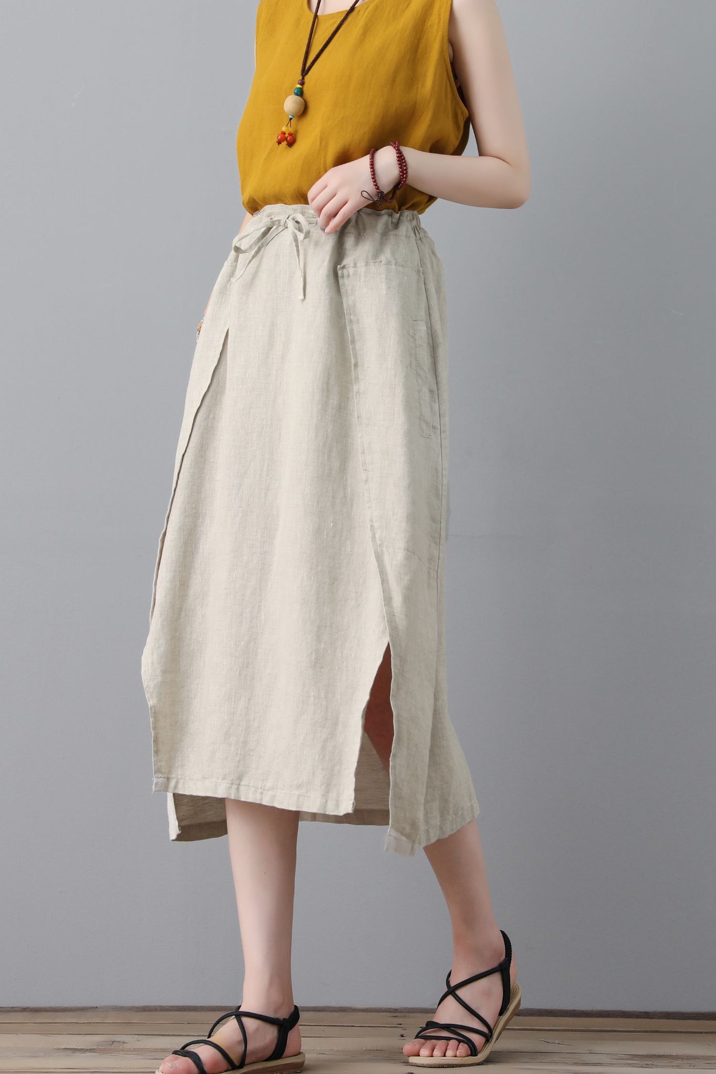 linen midi women summer natural A line skirt C2306