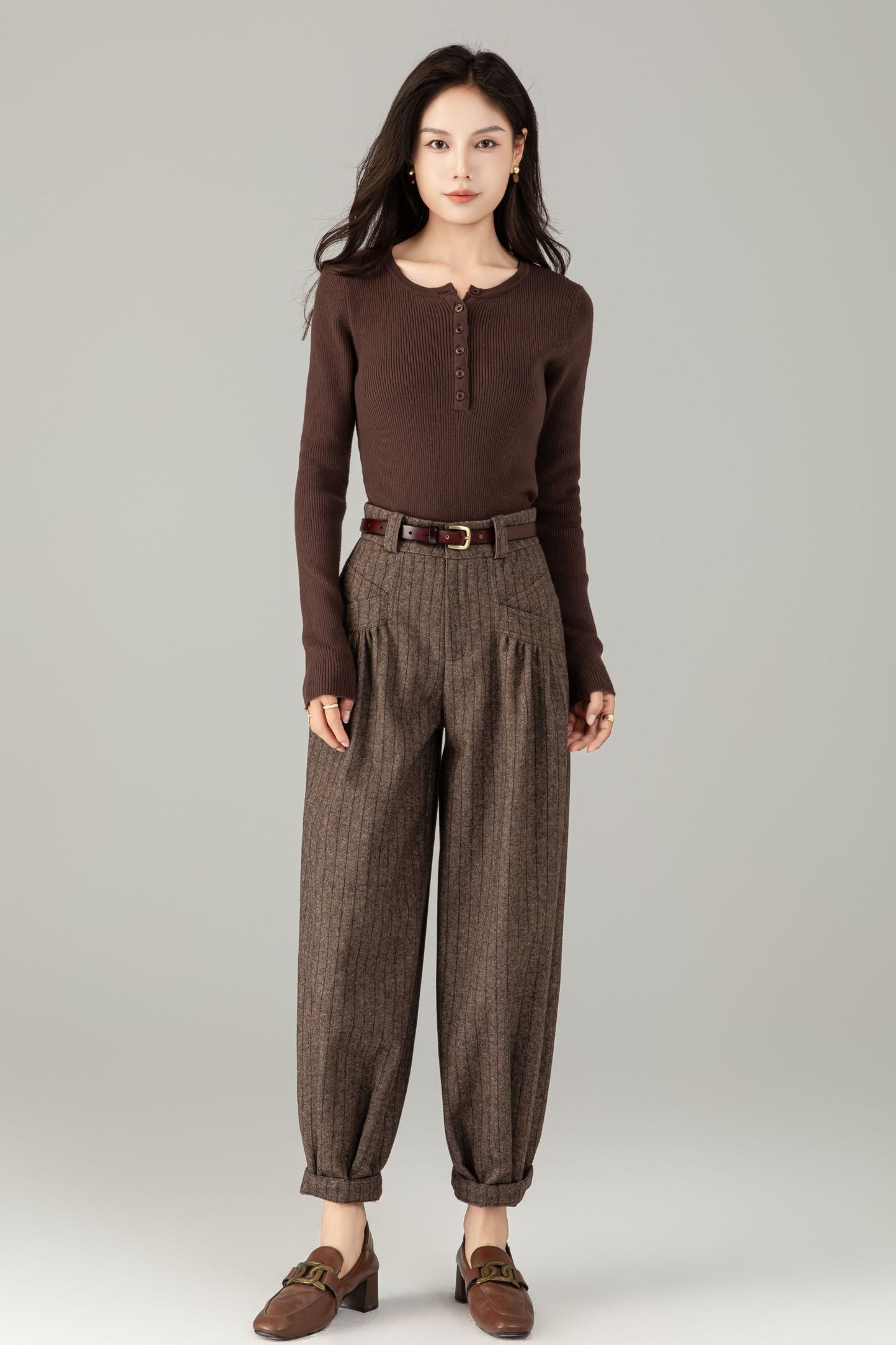 Brown Wool Striped Trousers - Classic Fit & Comfort | Winter Smart Casual Pants C5244