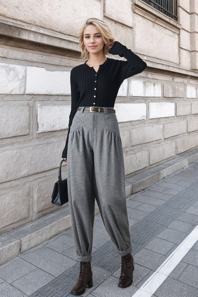 Gray winter wool casual pants C4345